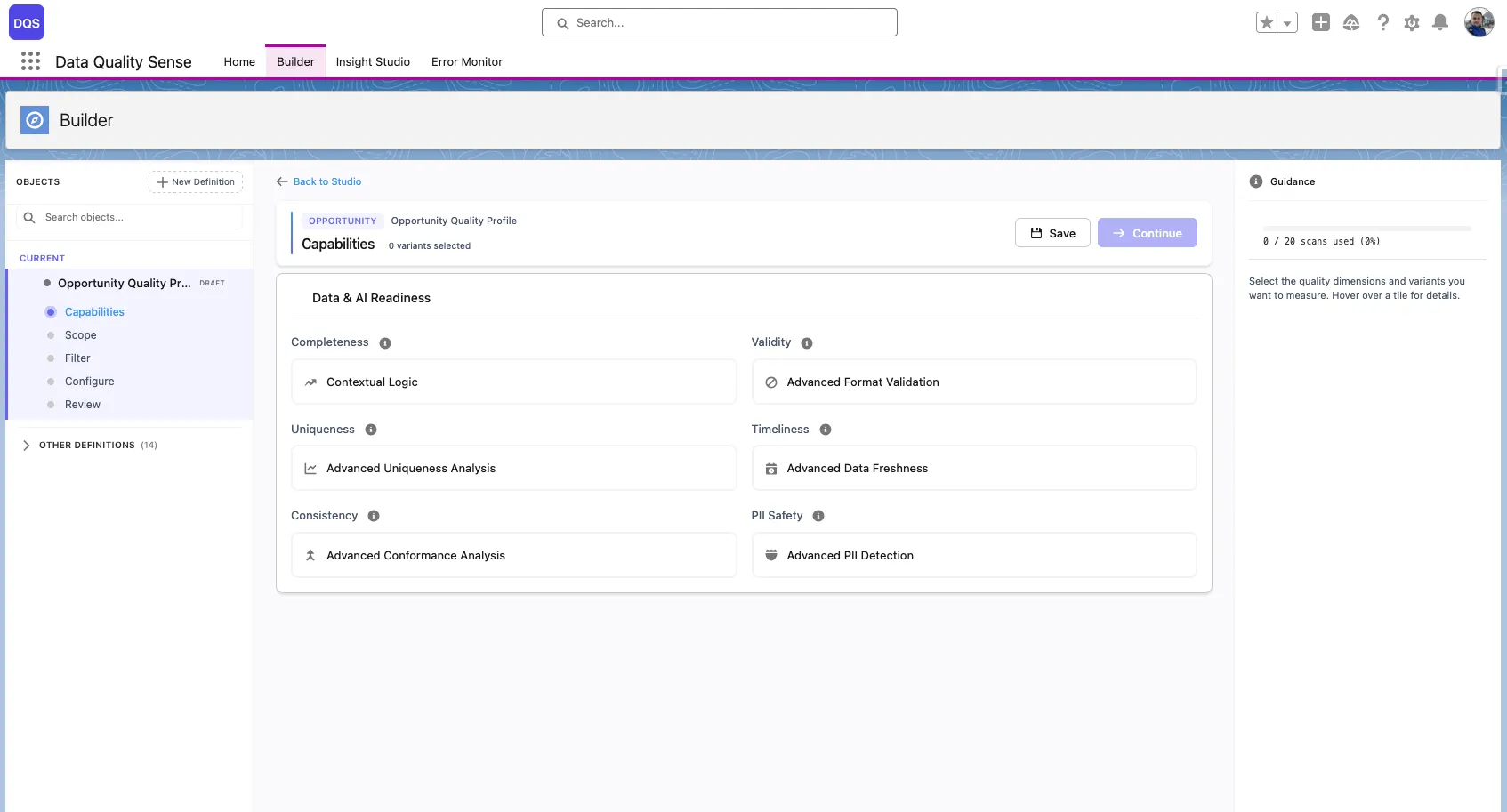 Capability selection screen in the Builder showing all 6 quality dimensions