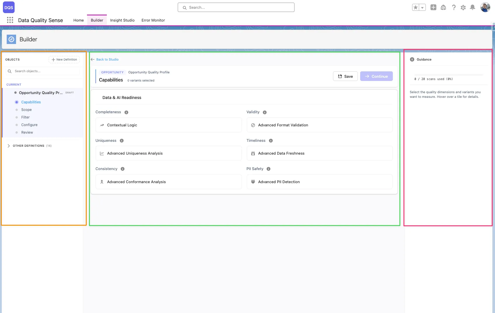 Builder workspace layout with color-coded zones