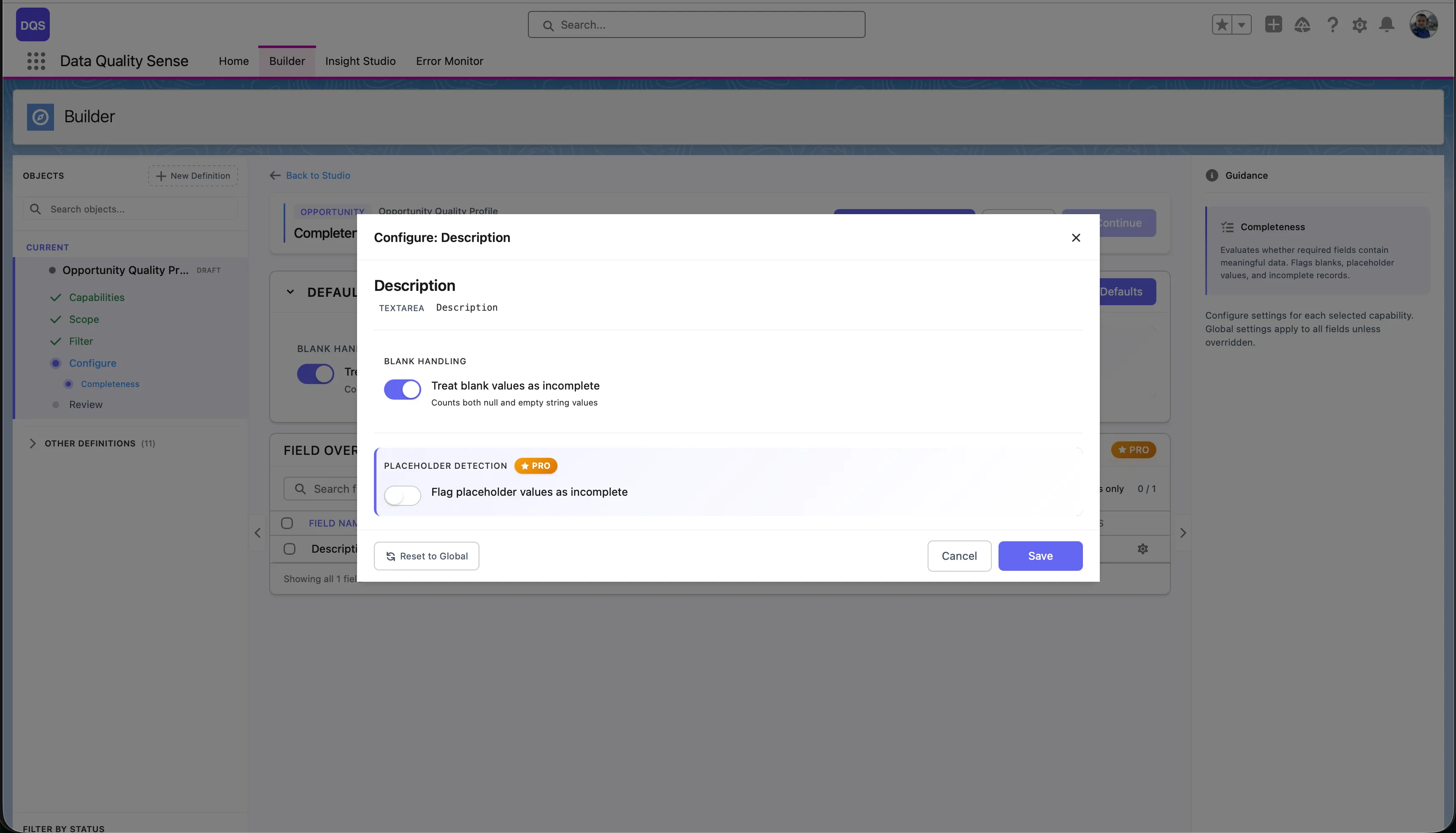 Per-field configuration modal for the Description field with Blank Handling and Placeholder Detection settings