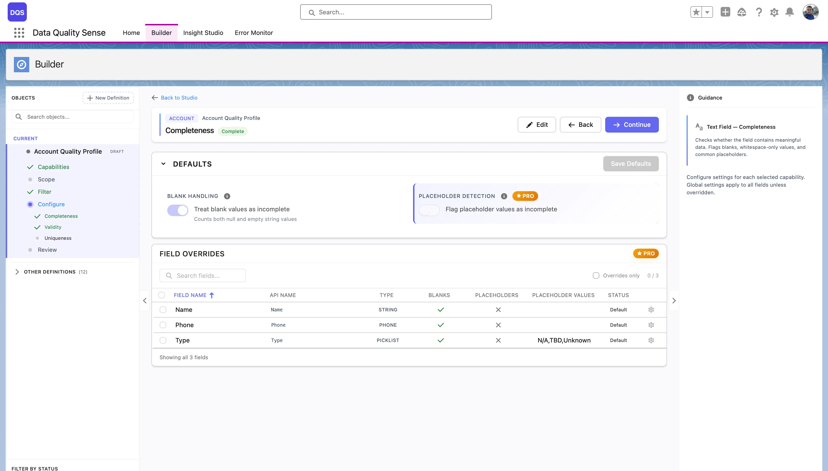 Completeness configuration with Defaults (Blank Handling, Placeholder Detection), Field Overrides table, and Guidance panel