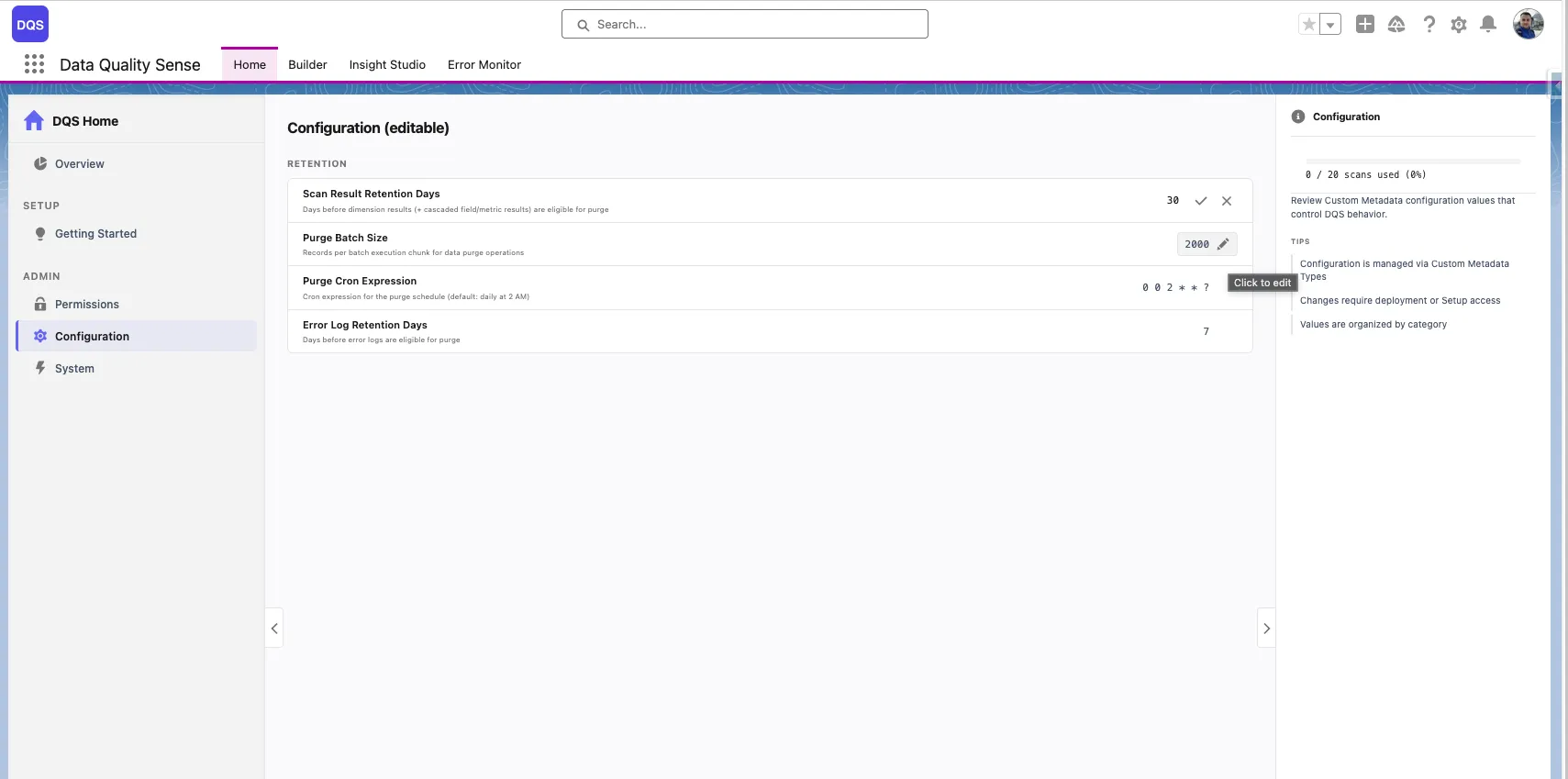 Configuration panel on DQS Home — editable default parameters for retention and purge settings