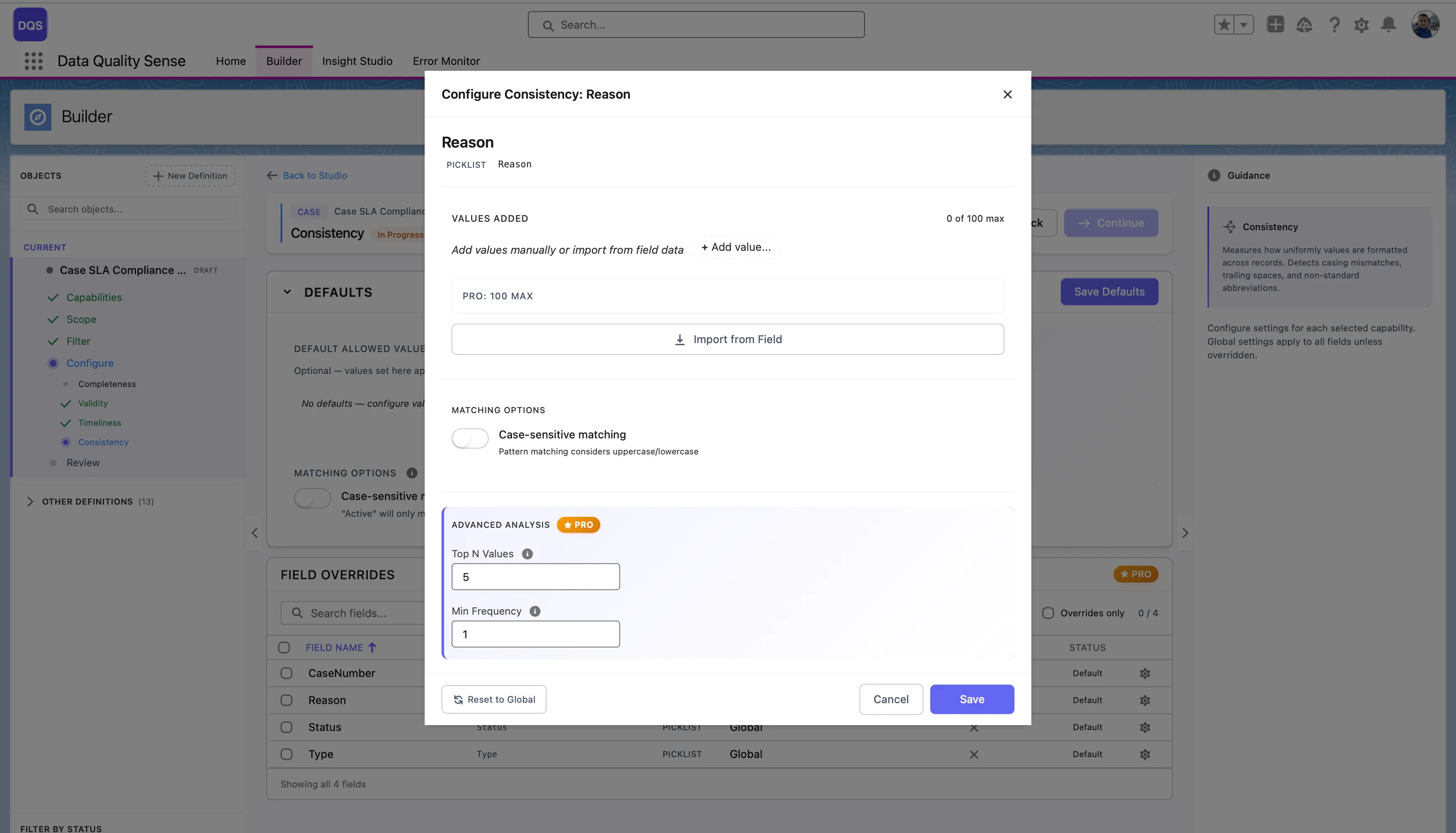 Per-field configuration modal for the Reason field with Values Added, Matching Options, and Advanced Analysis
