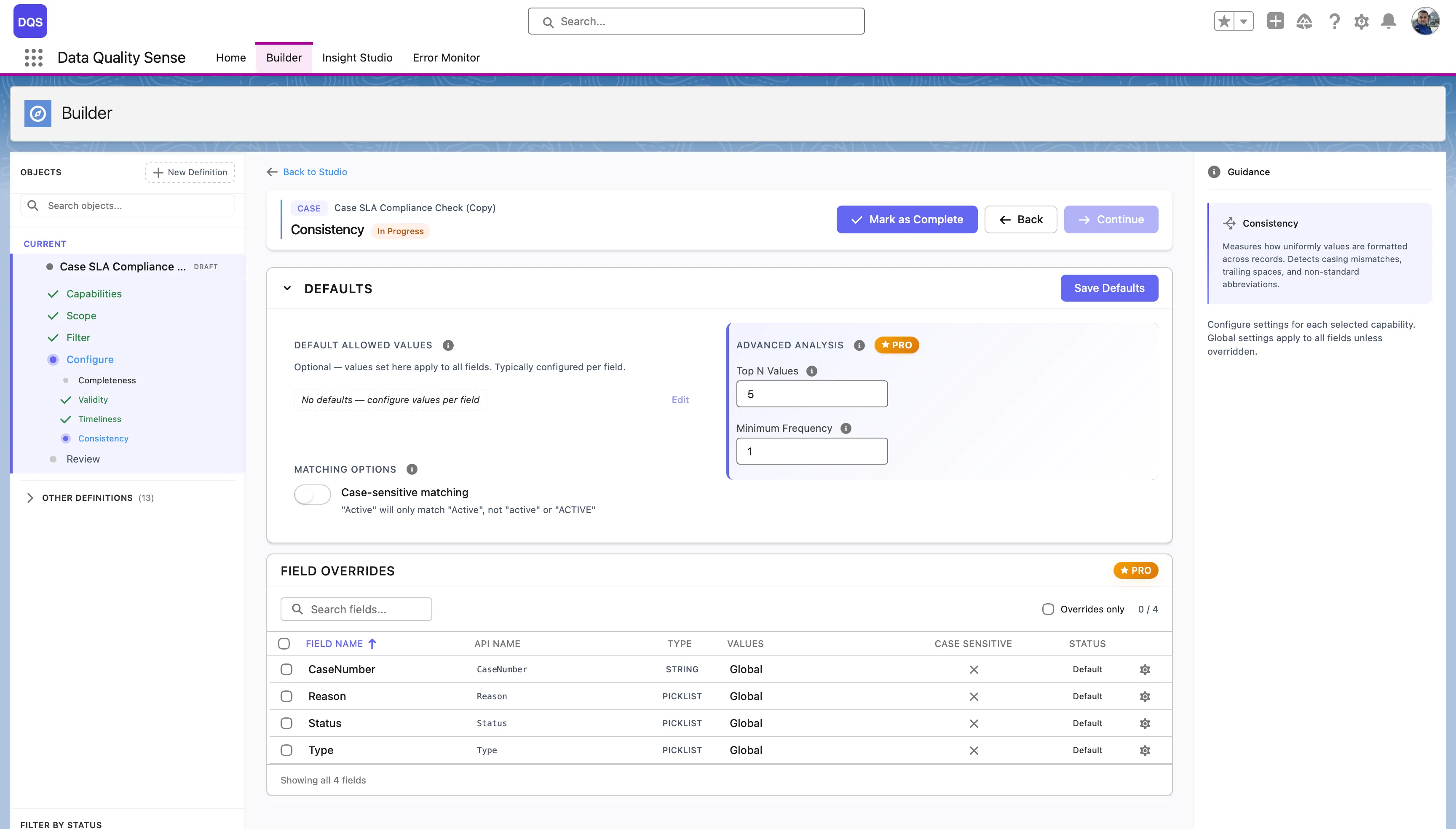 Consistency configuration with Defaults (Allowed Values, Matching Options, Advanced Analysis) and Field Overrides table