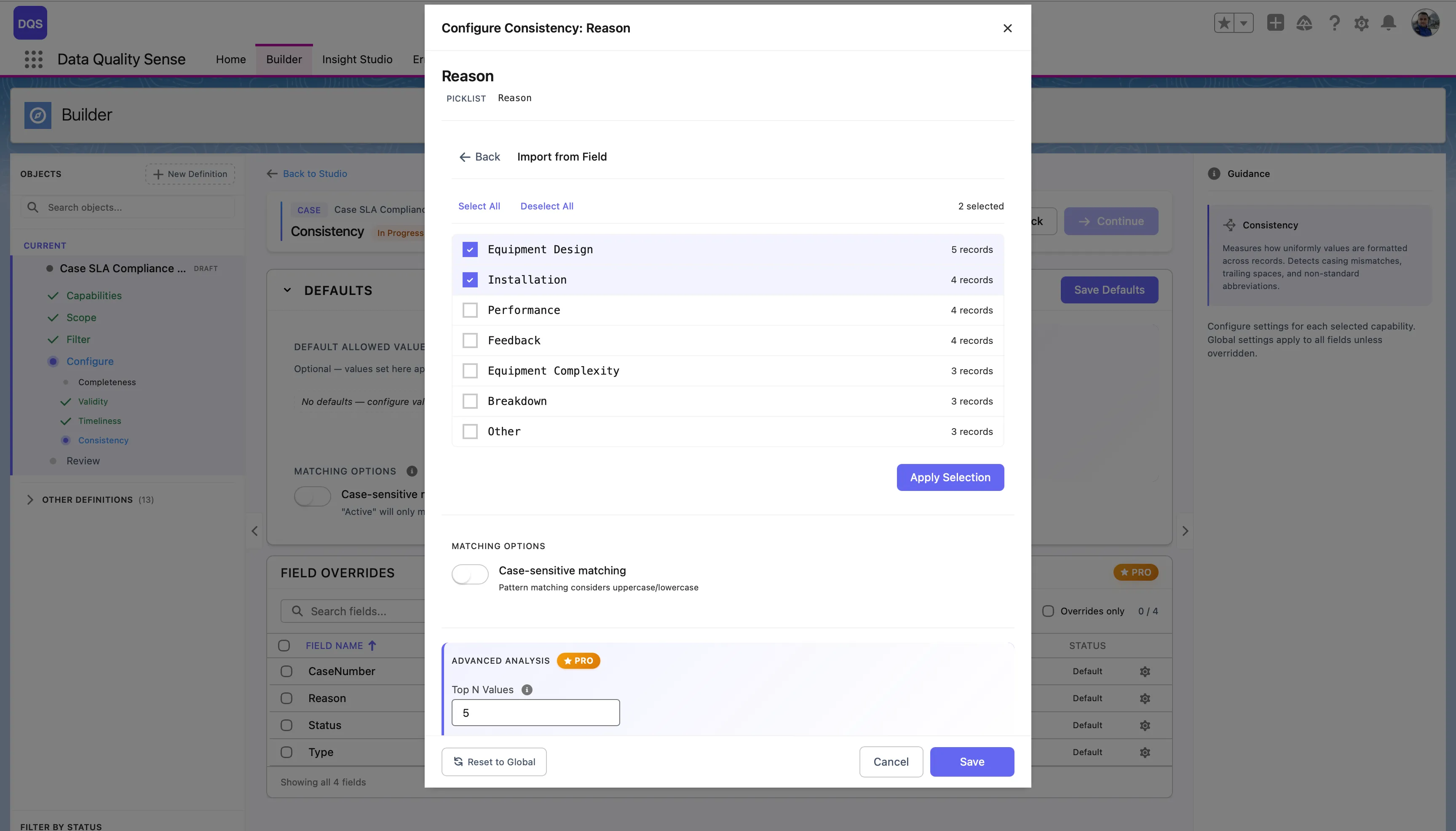 Import from Field dialog showing picklist values with record counts and checkboxes