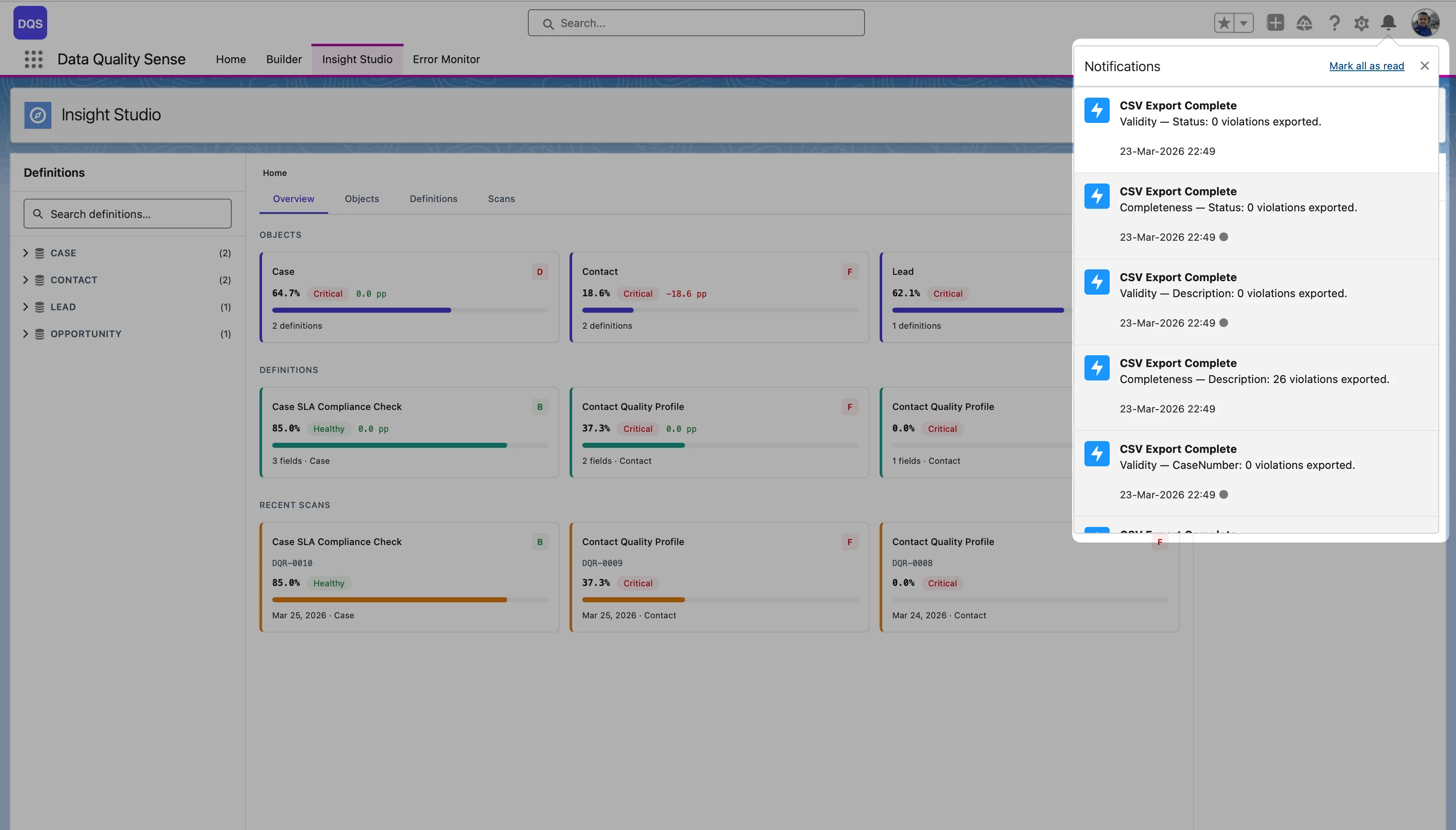 Notifications panel showing completed CSV exports per dimension and field with timestamps