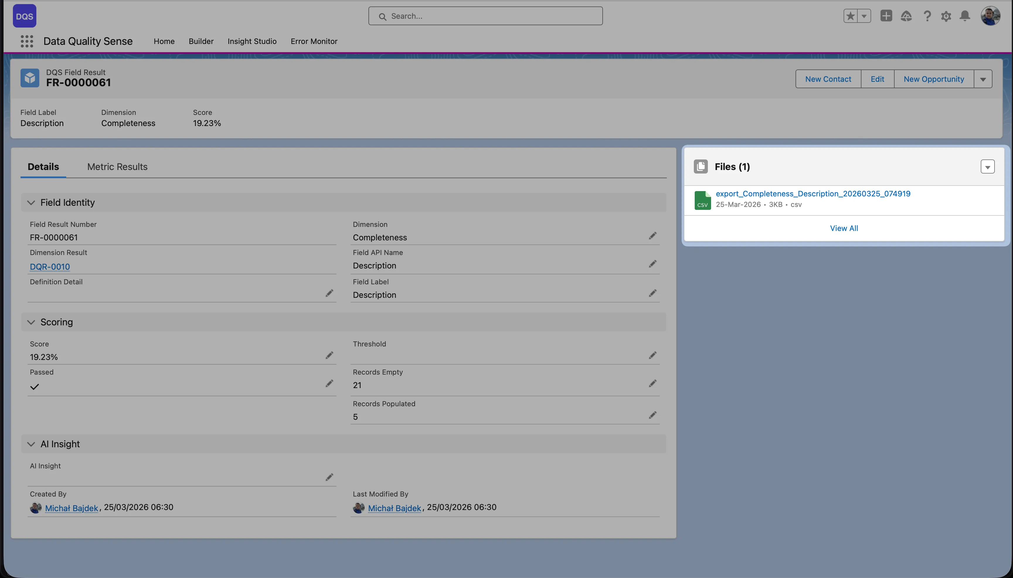 Field Result page in Salesforce with scoring details, AI Insight, and exported CSV in the Files panel