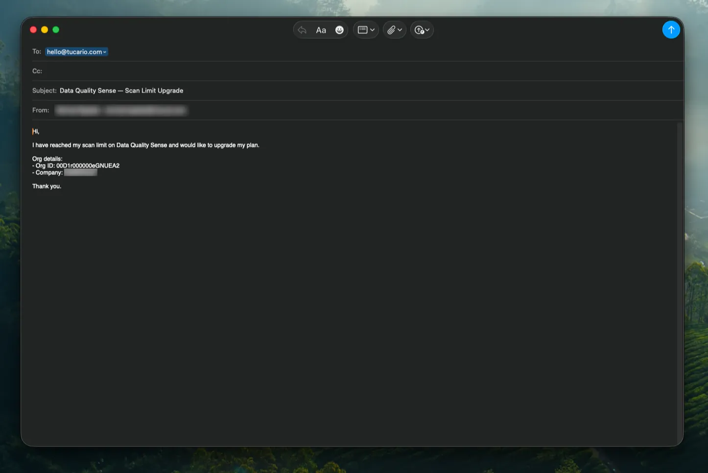 Pre-filled email requesting scan limit upgrade with Org ID