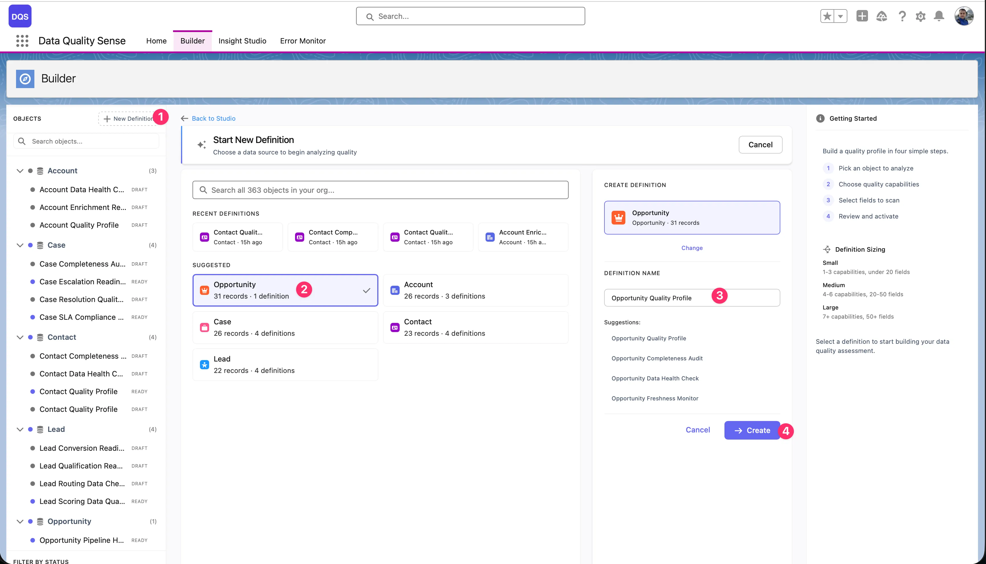 New Definition dialog — select an object, name your definition, and click Create