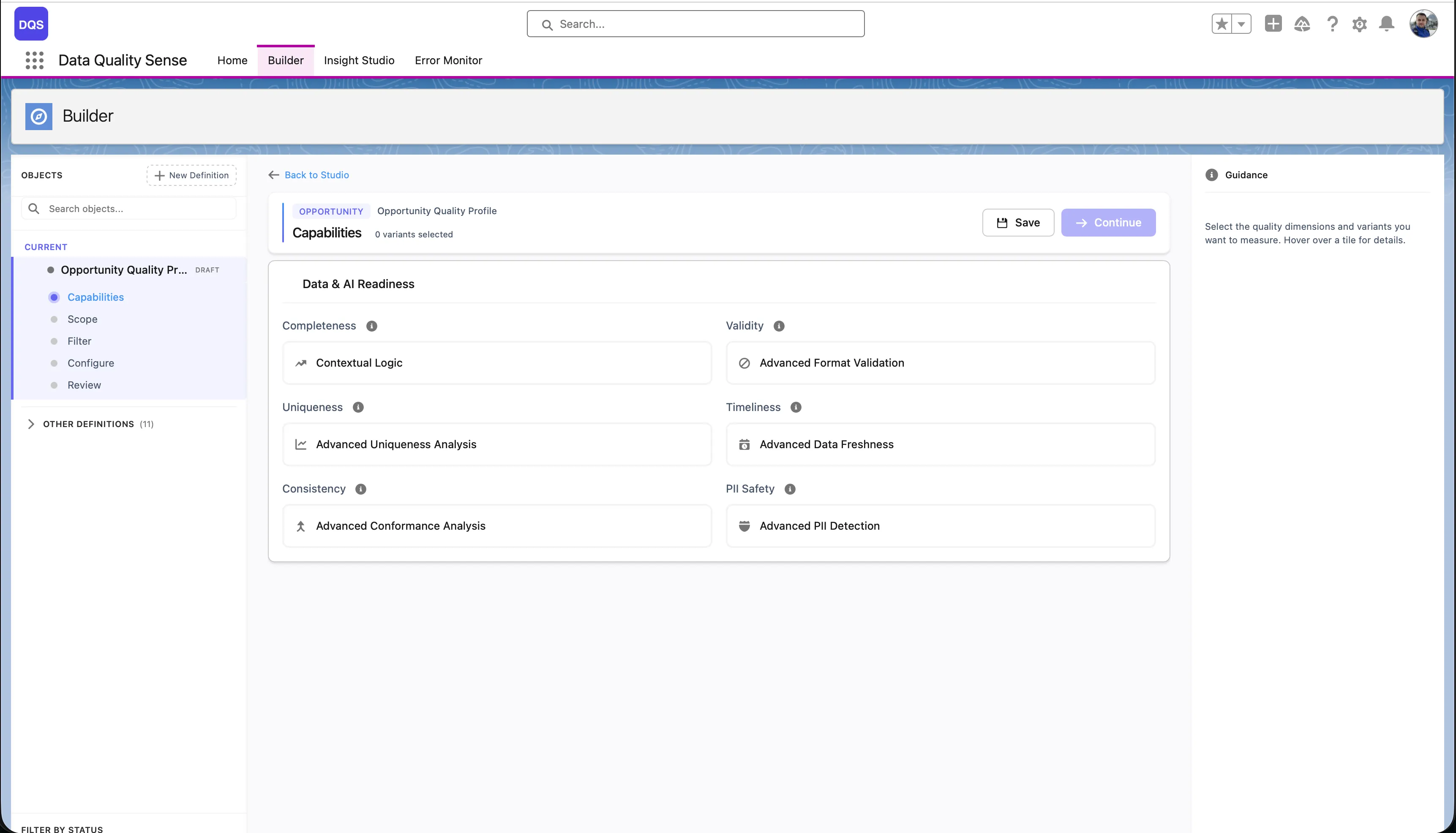 Capability selection showing quality dimensions — Completeness, Validity, Uniqueness, Timeliness, Consistency, and PII Safety