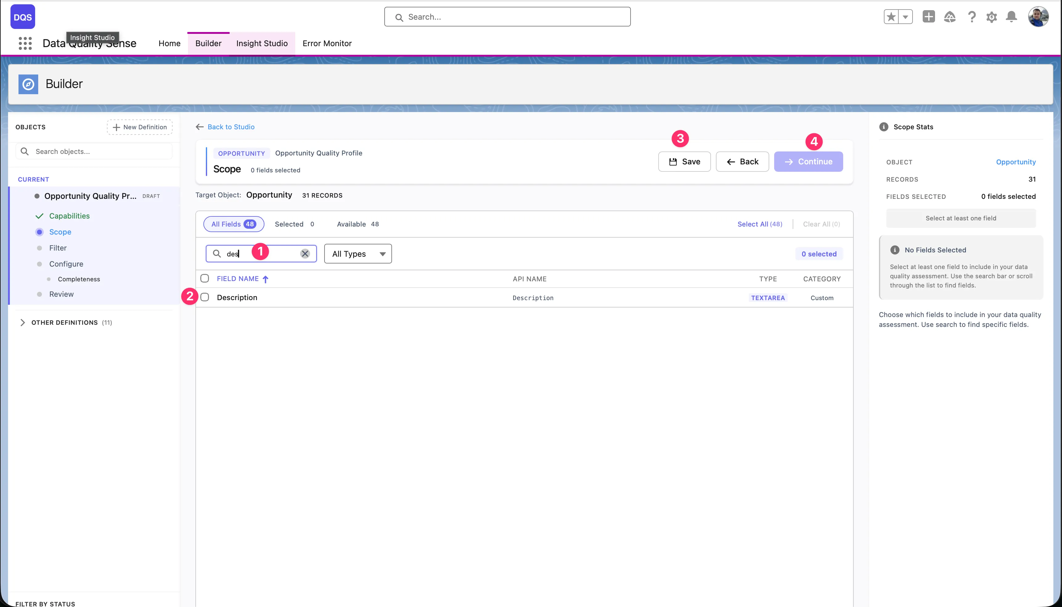 Filtered field view showing search results after typing a query — only matching fields are displayed