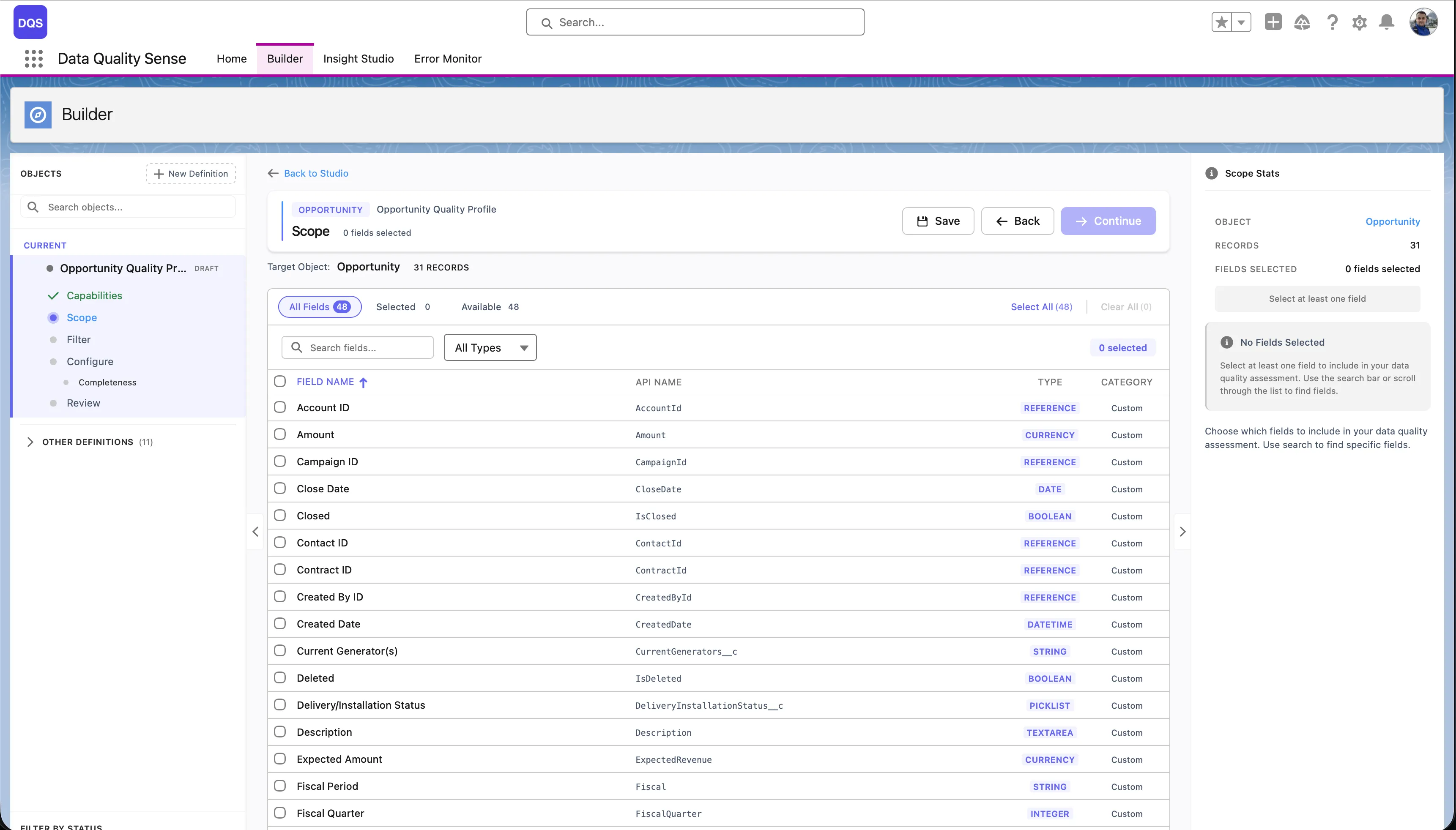 Field picker showing all fields on the Opportunity object with search, type filter, and selection checkboxes