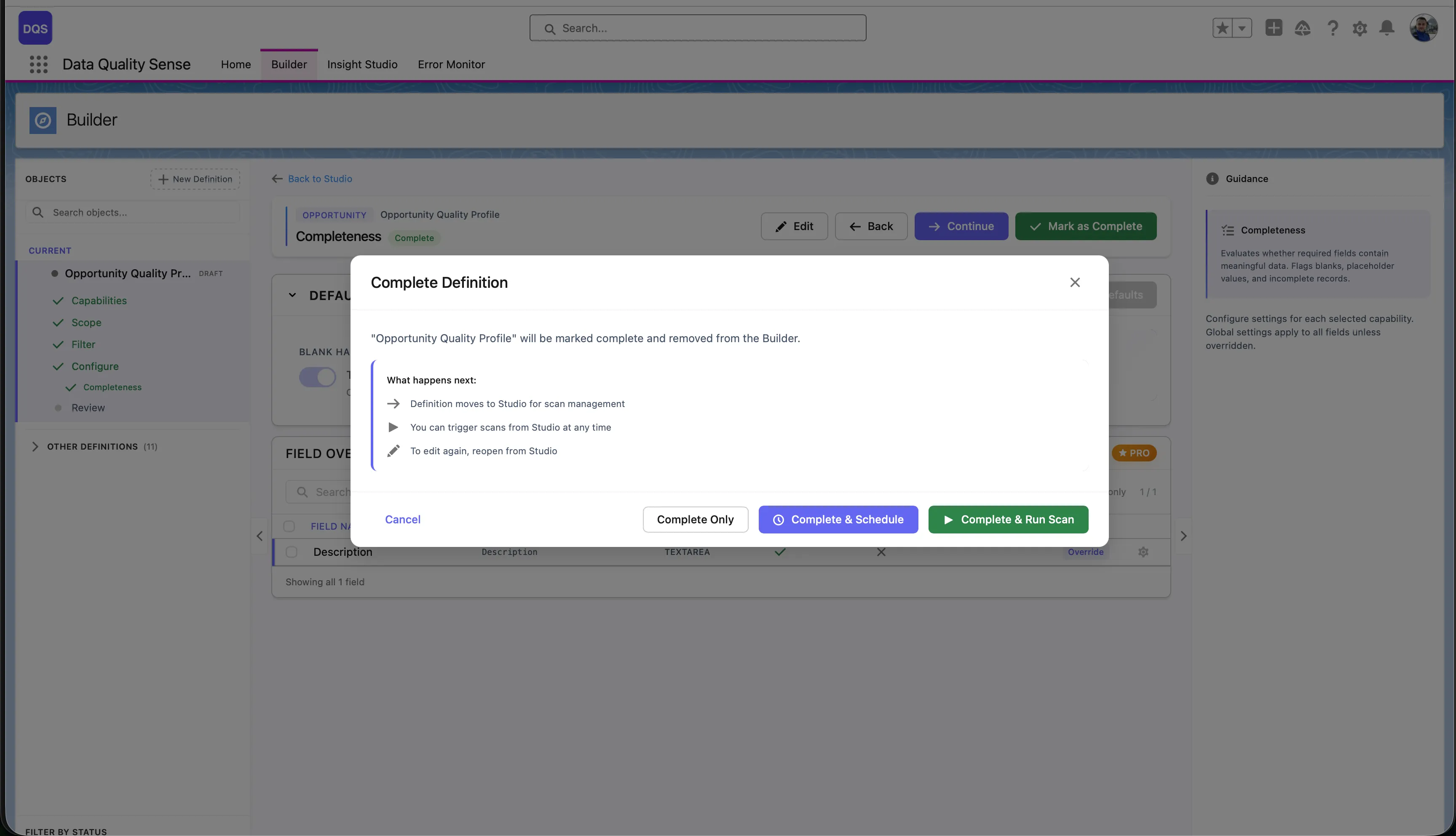 Complete Definition dialog — three activation options
