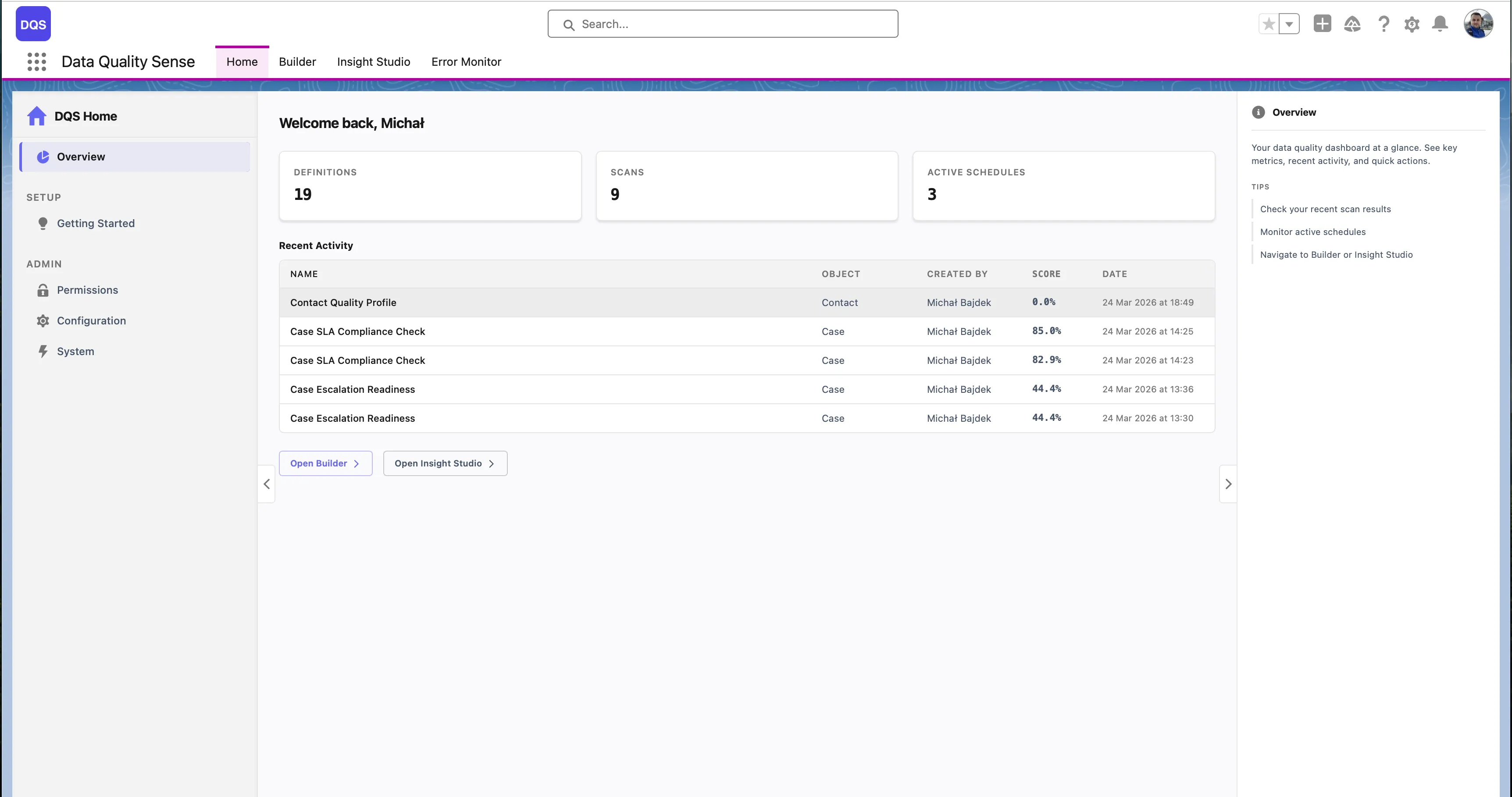 DQS Home — overview with definitions count, scans, active schedules, and recent activity table