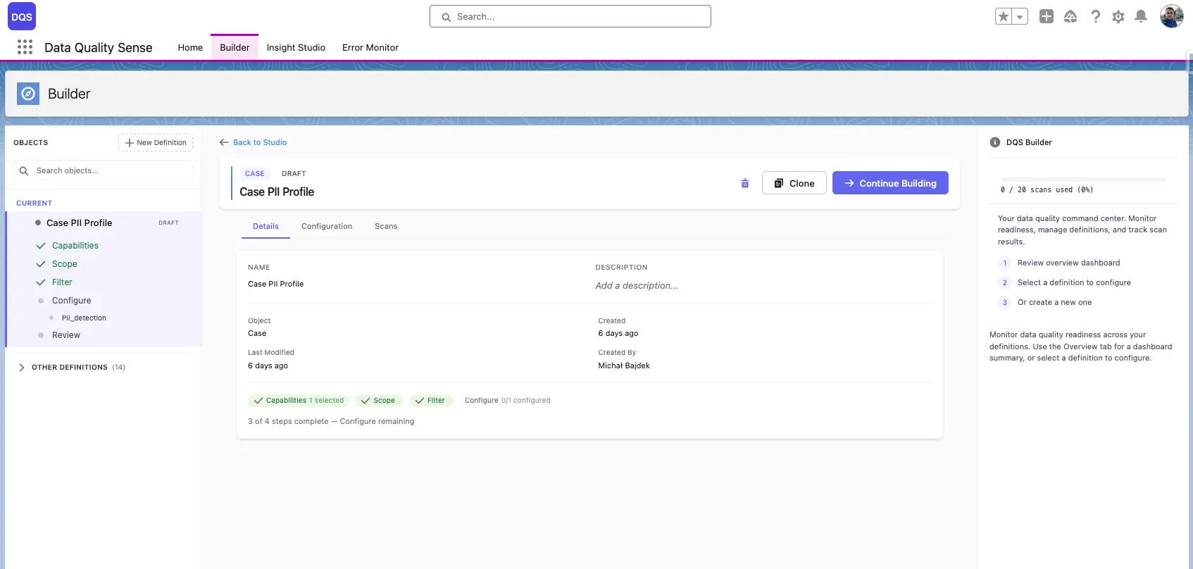 Draft definition with Clone and Continue Building buttons