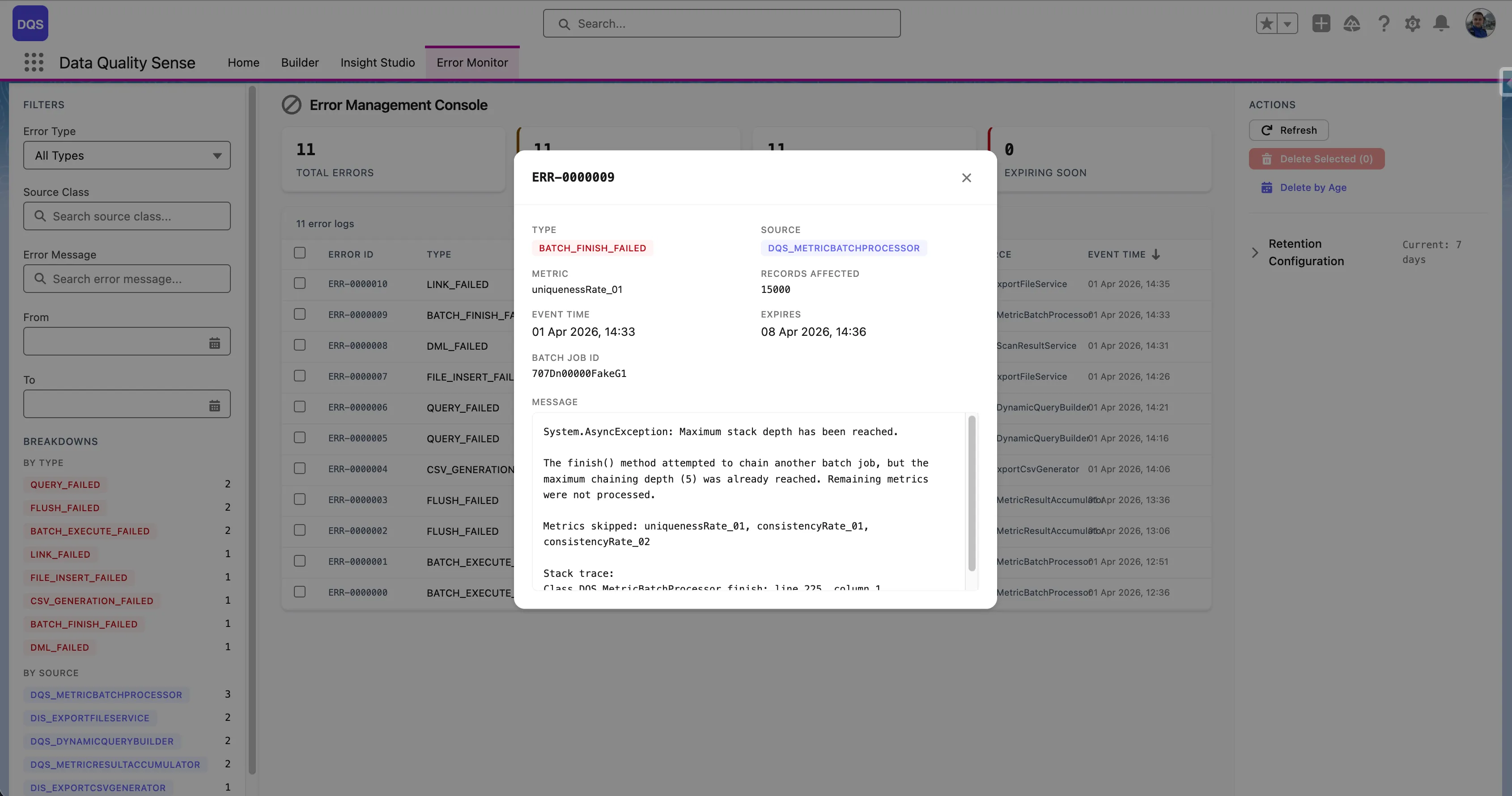 Error detail modal showing error ID, type, source, timestamps, full message, and stack trace