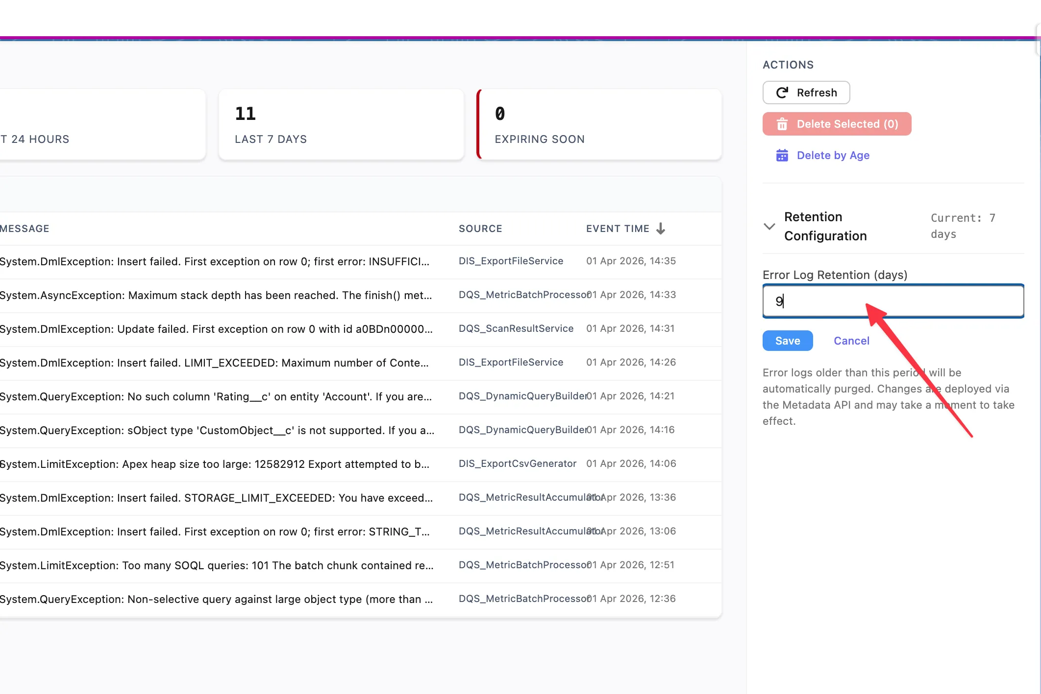 Retention Configuration panel showing the Error Log Retention (days) field set to 6 days