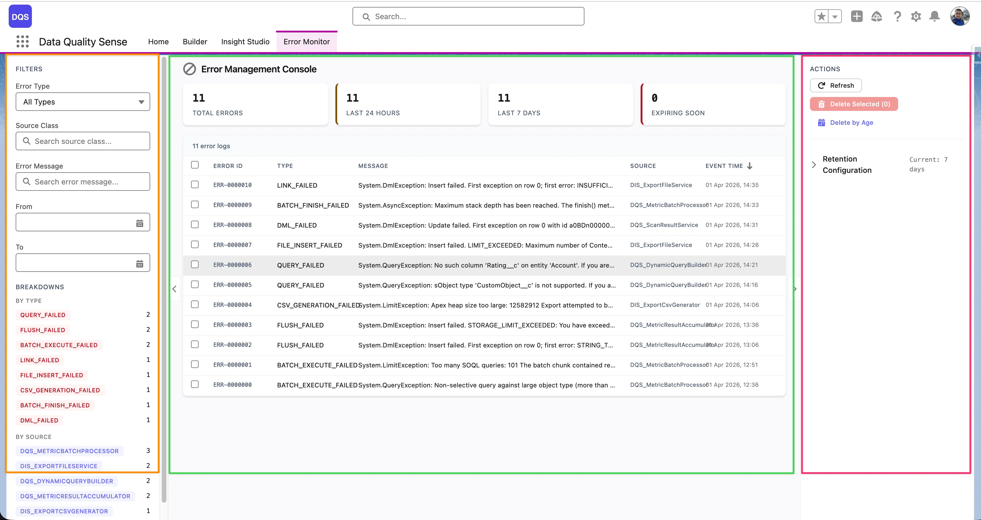 Error Management Console showing filters on the left, error log table in the center, and actions panel on the right