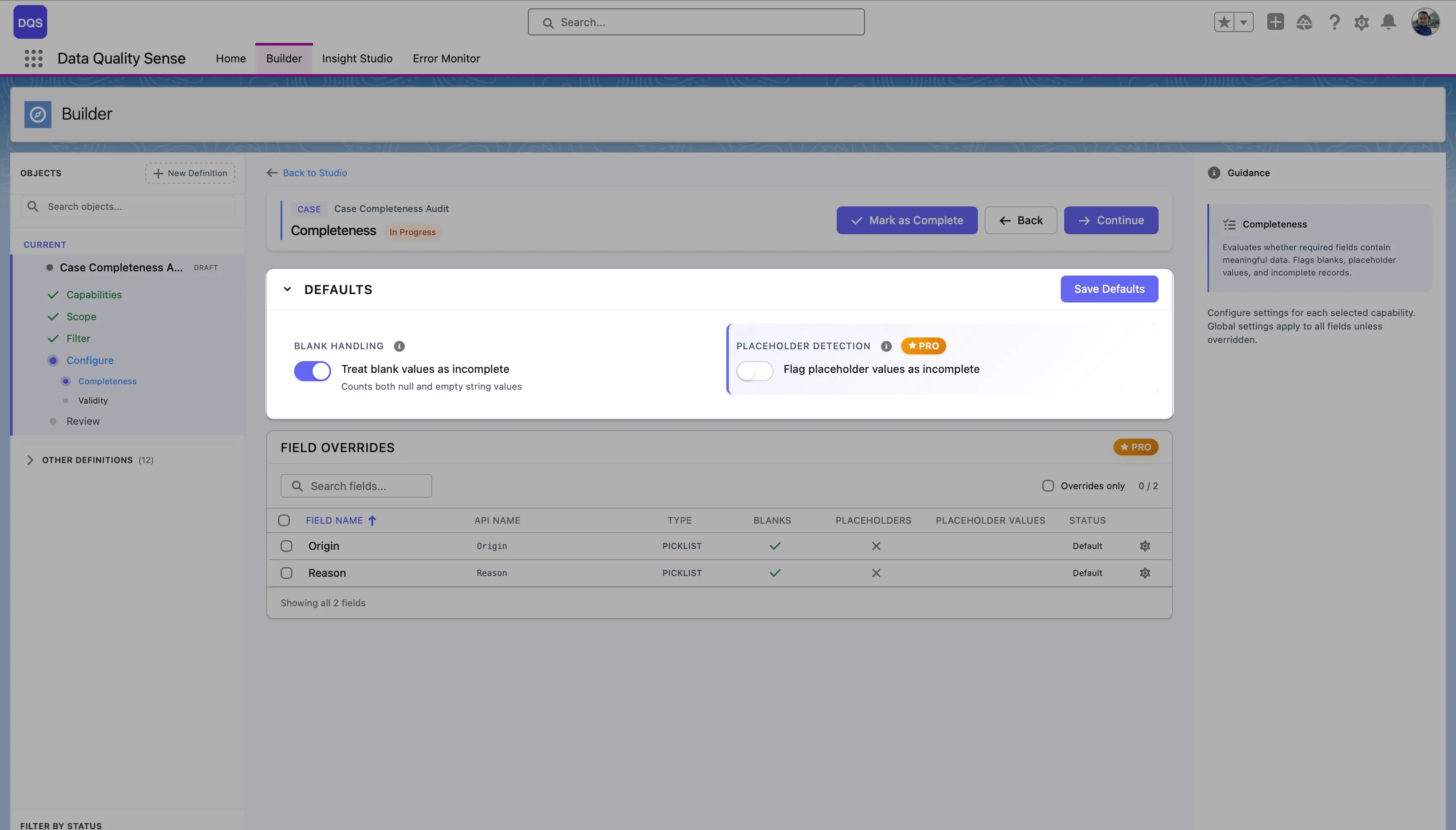 Capability defaults and field overrides table — all fields using global settings