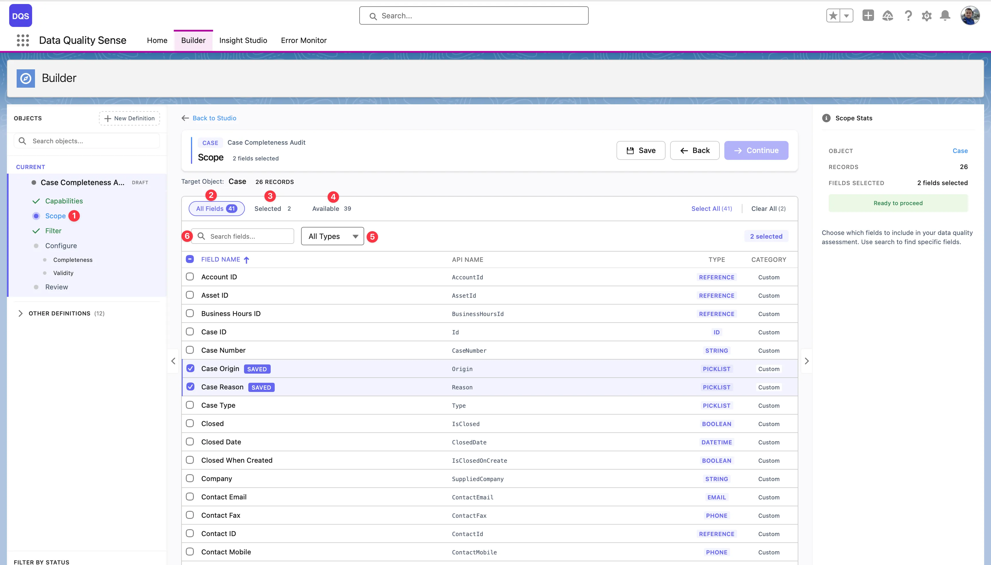 Scope view with field list, search, type filter, and selection counters