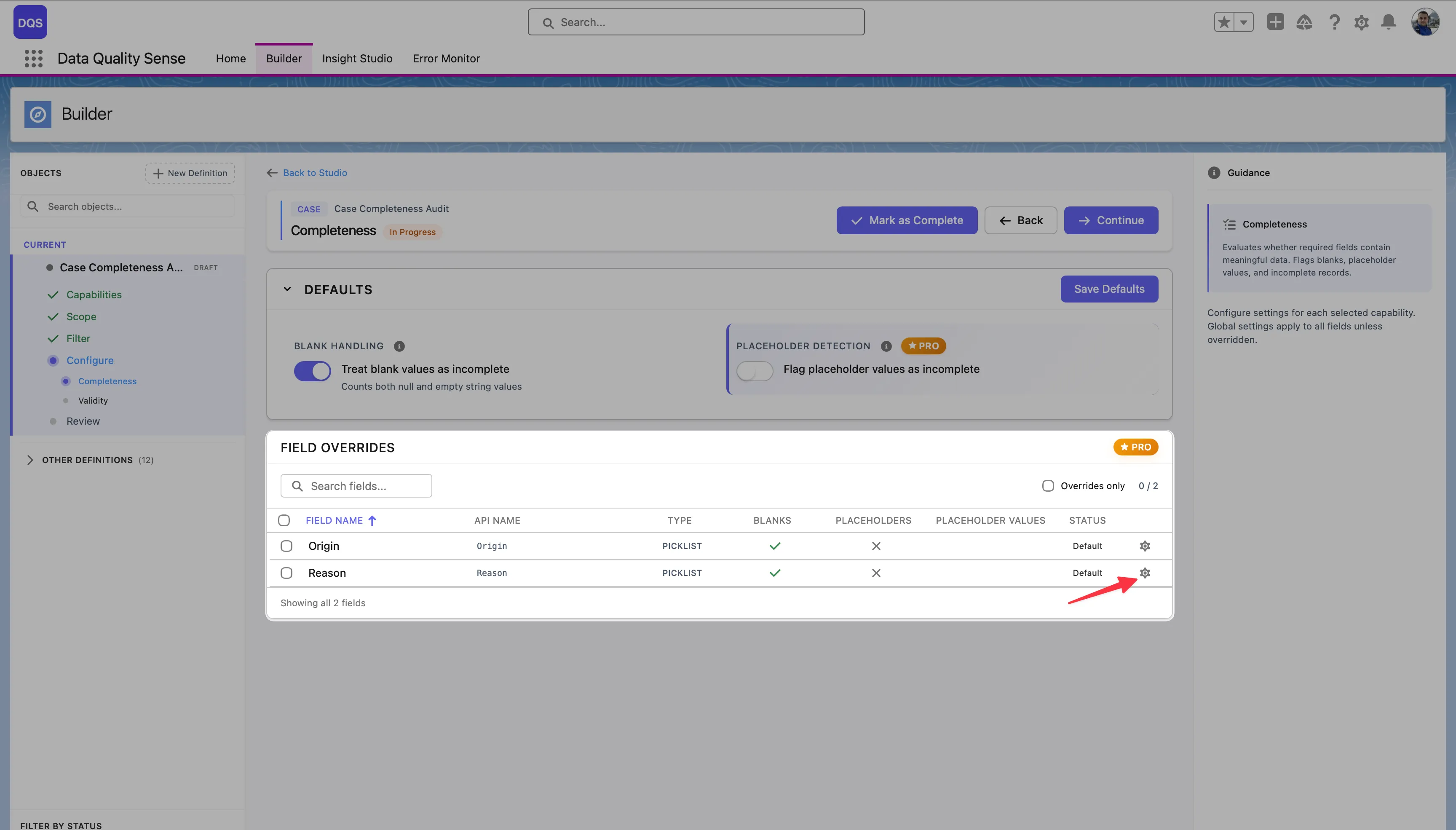 Field override applied to the Reason field — status changed from Default to custom
