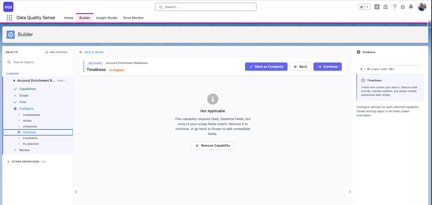 Capability showing Not Applicable status when no compatible Date or DateTime fields are in scope