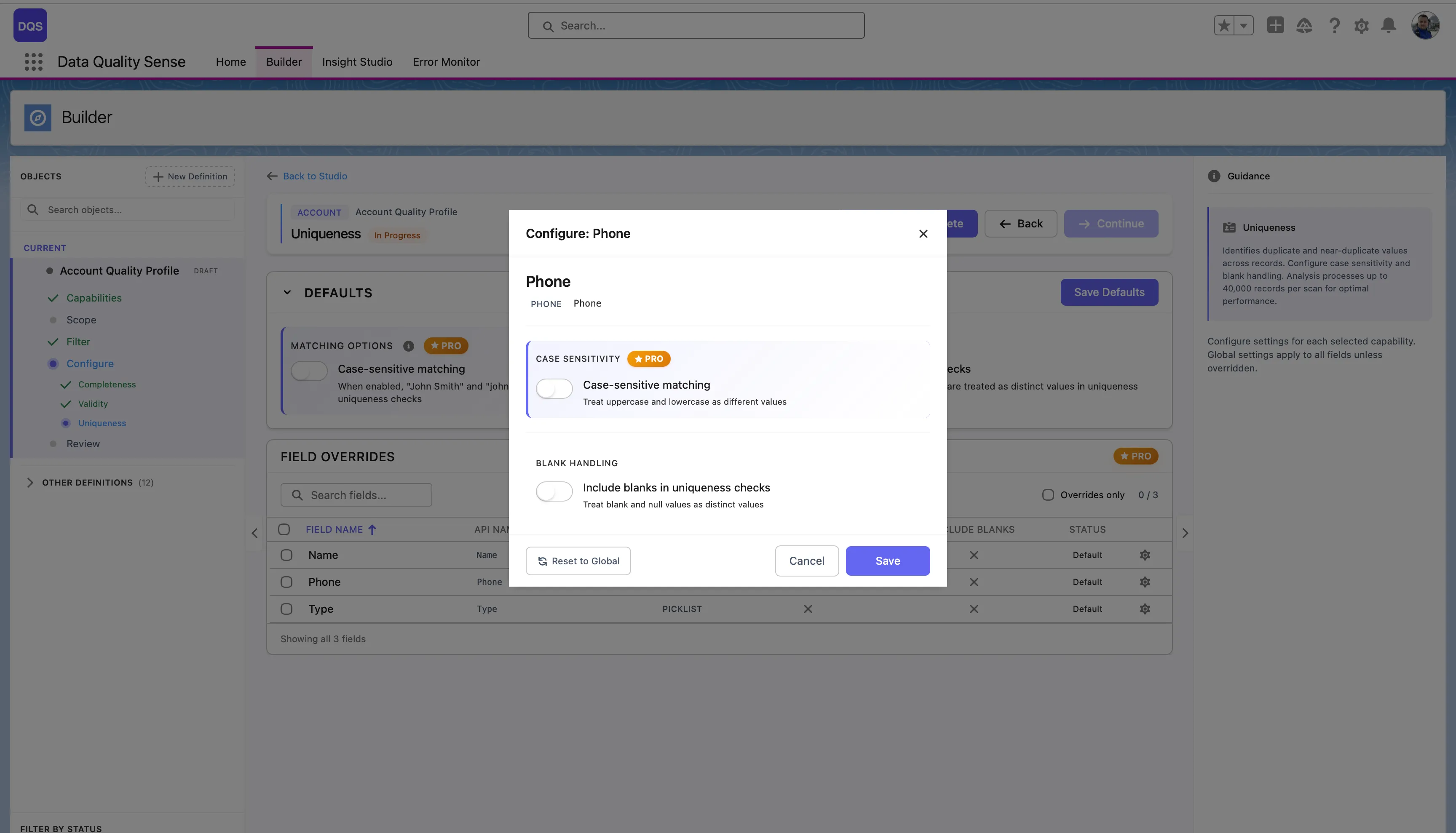 Per-field configuration modal for the Phone field with Case Sensitivity and Blank Handling options