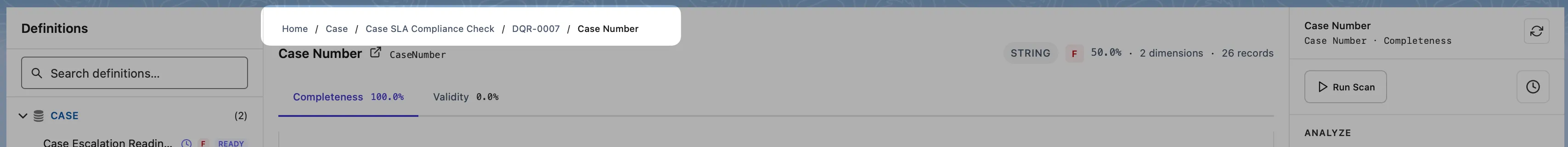 Breadcrumb trail: Home → Case → Case SLA Compliance Check → DQR-0007 → Case Number