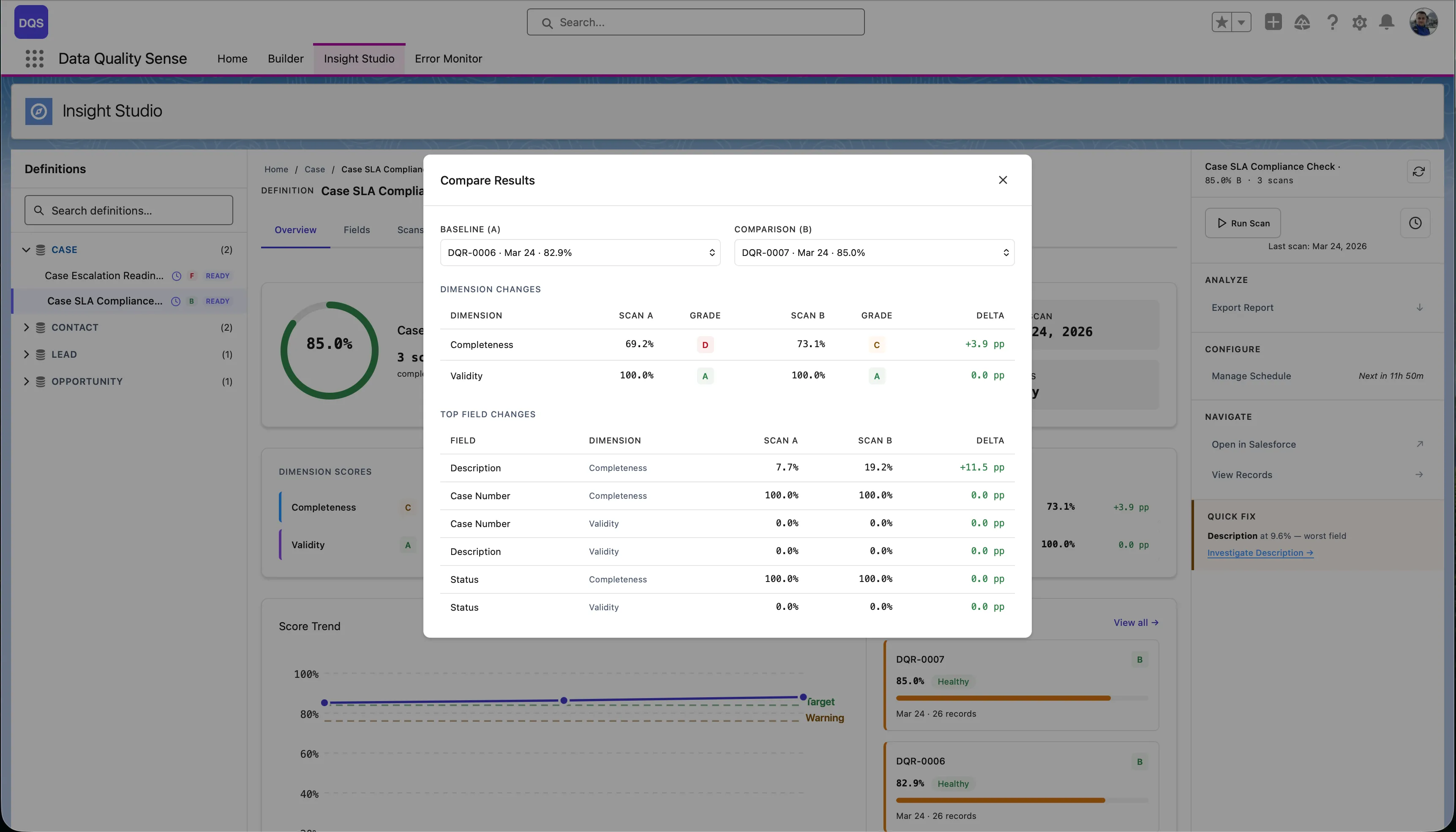 Compare Results modal — baseline vs comparison scan with dimension and field-level deltas