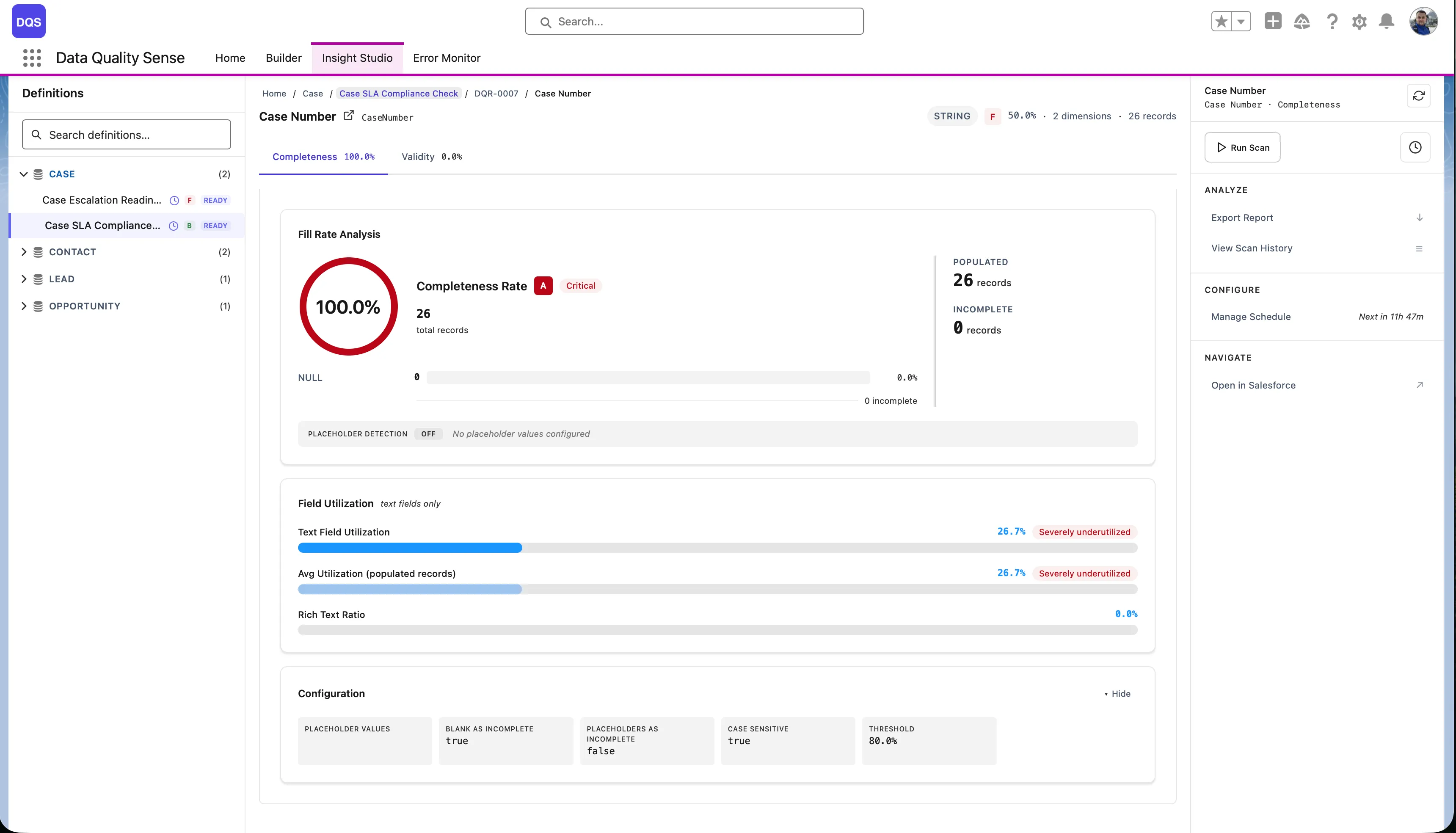 Field result — Completeness Rate 100%, Fill Rate Analysis, Field Utilization bars, and configuration details