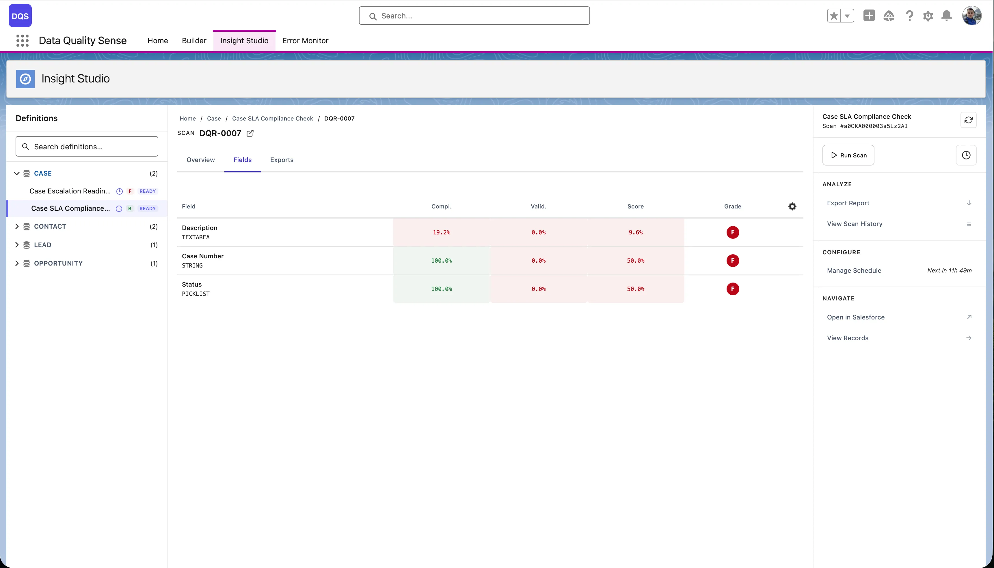 Scan result drilldown — field results with scores per dimension, color-coded green for high and red for low