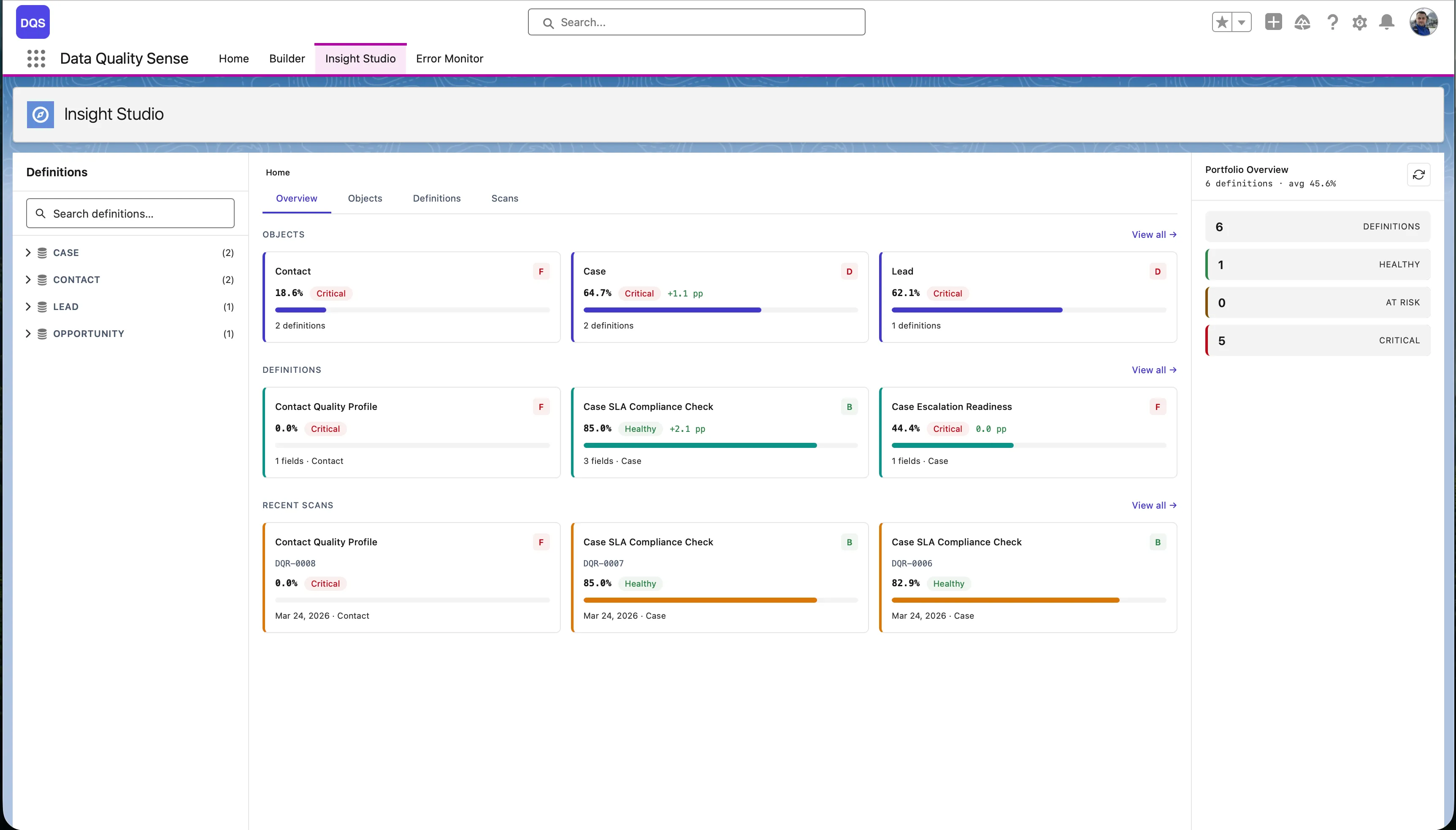Insight Studio Home — objects with quality scores, definitions, and recent scans