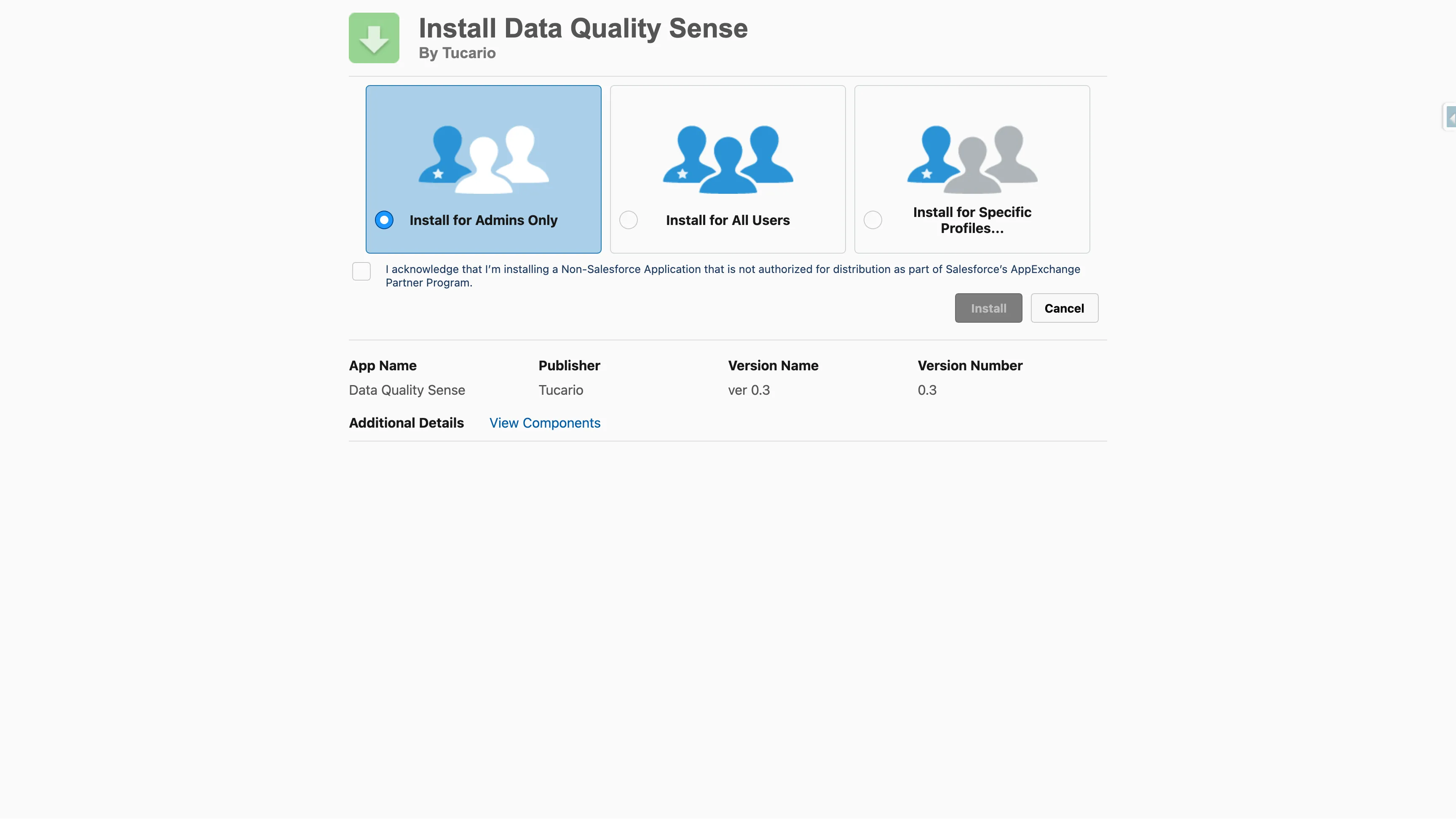Install Data Quality Sense — choose installation scope