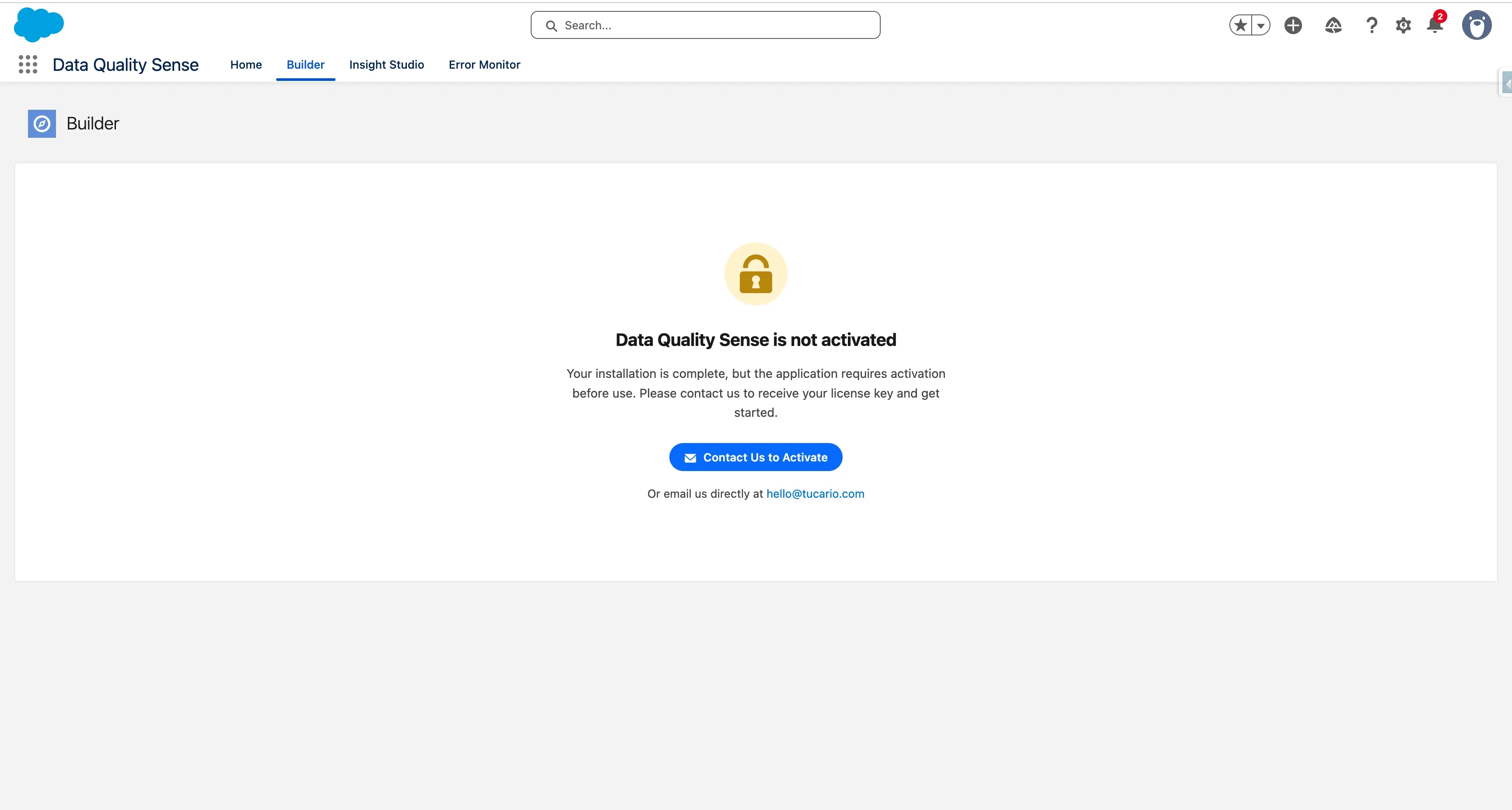 Data Quality Sense is not activated — lock screen with Contact Us to Activate button