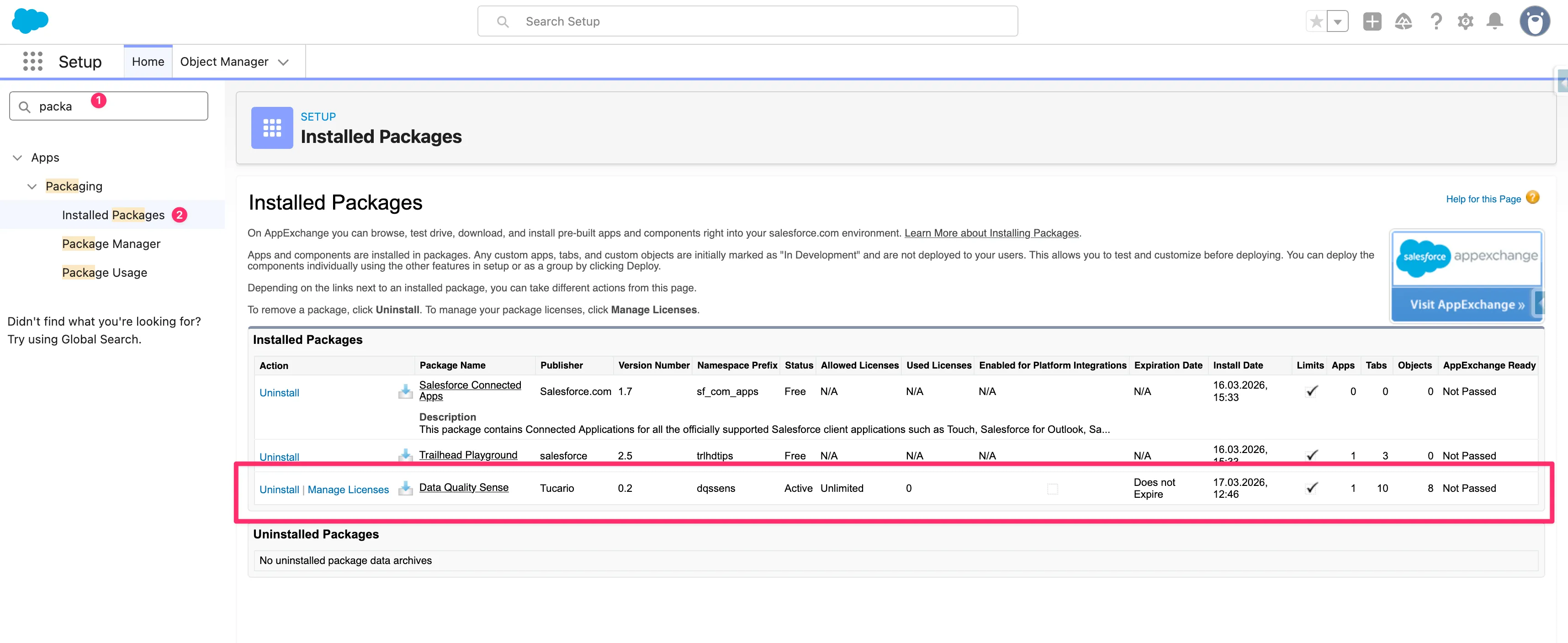 Installed Packages in Salesforce Setup showing Data Quality Sense package