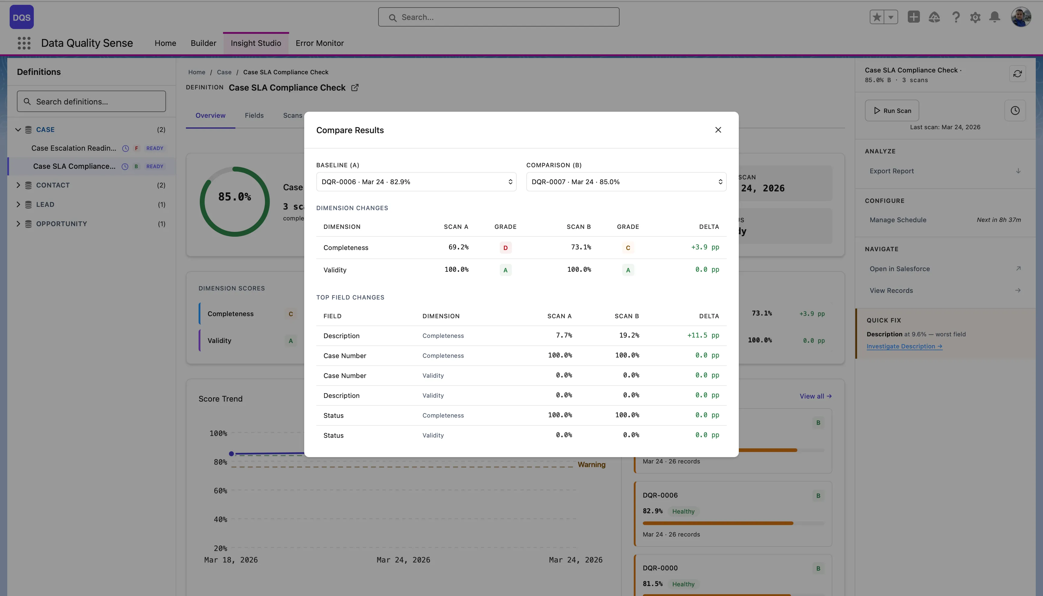 Compare Results modal — baseline vs comparison with dimension changes and top field deltas