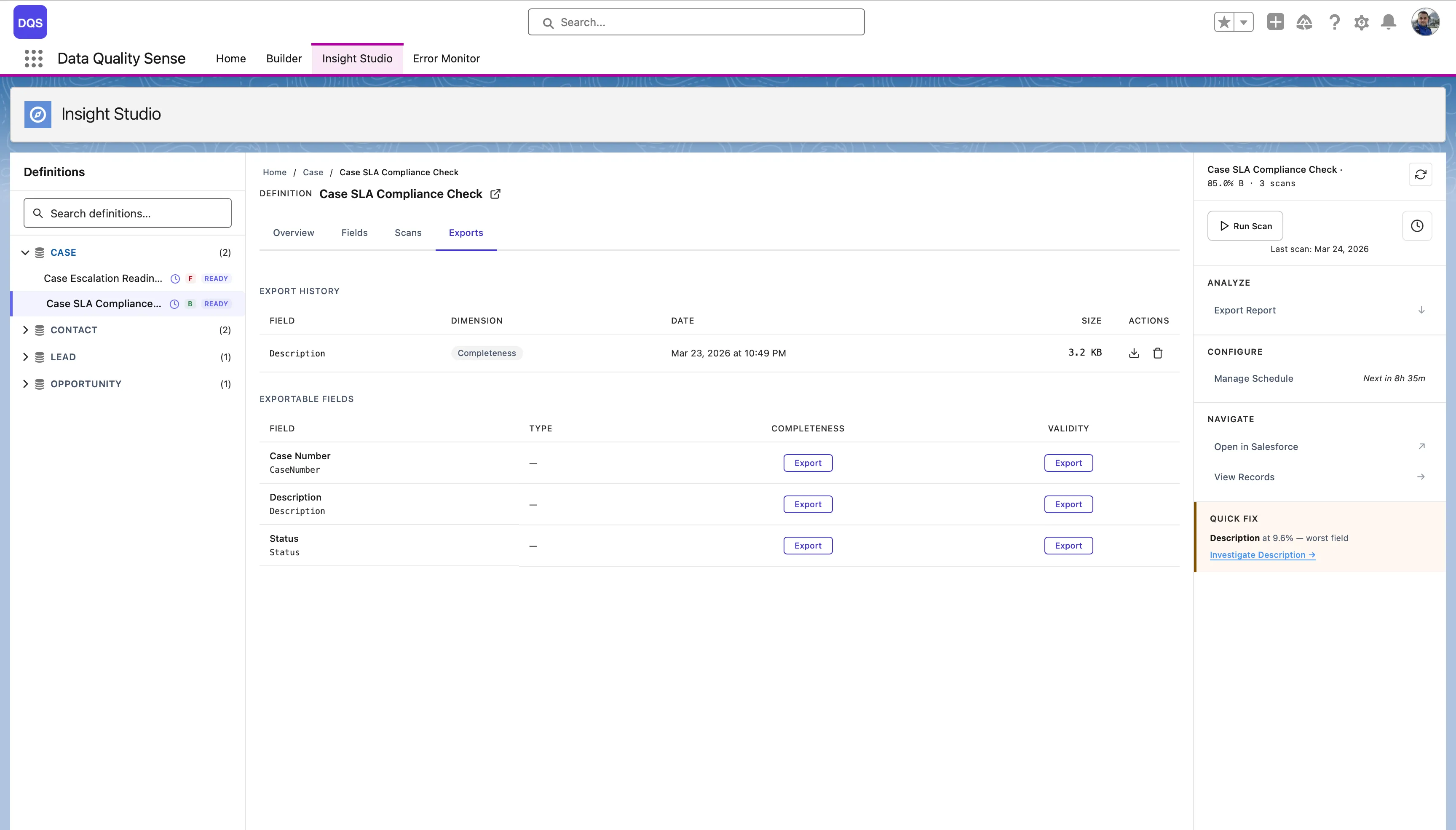 Exports tab — export history and per-field export buttons for each dimension
