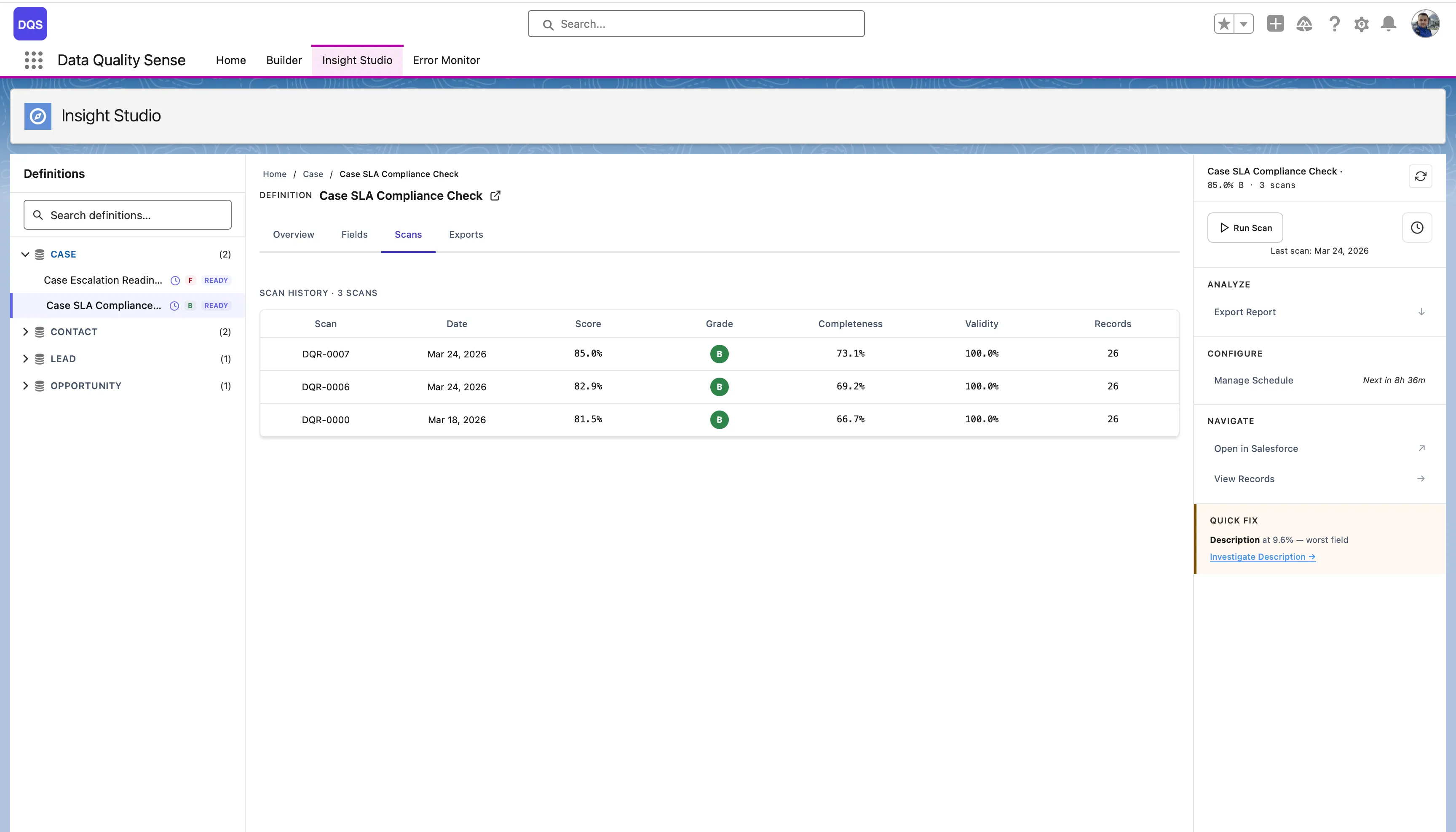 Scans tab showing scan history with dates, scores, status, and per-dimension results