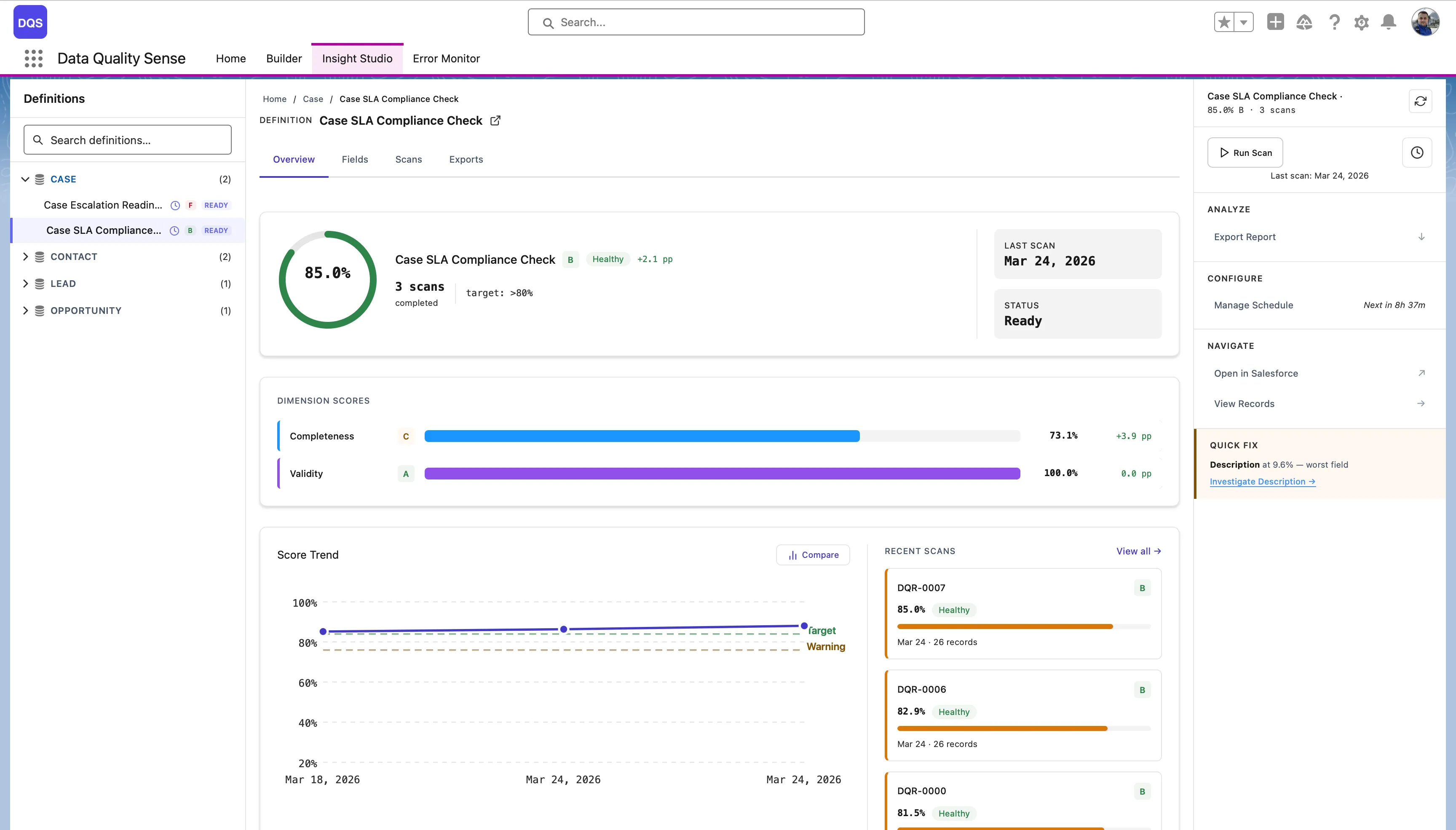 Definition dashboard — 85.8% overall score, dimension breakdown, Score Trend chart, and Record Scores