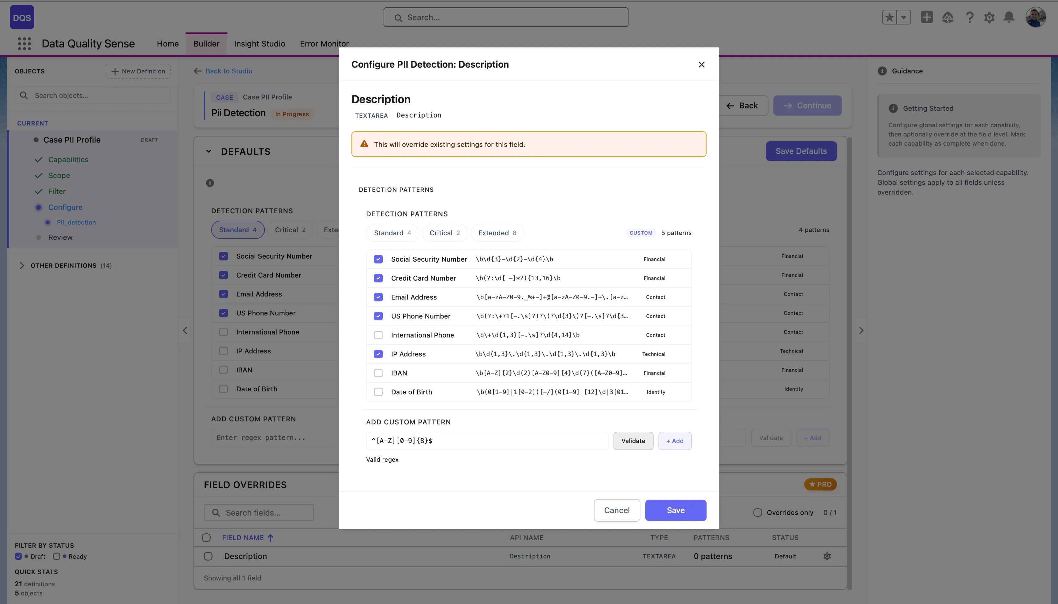 Per-field configuration modal for the Description field with detection patterns and custom pattern input