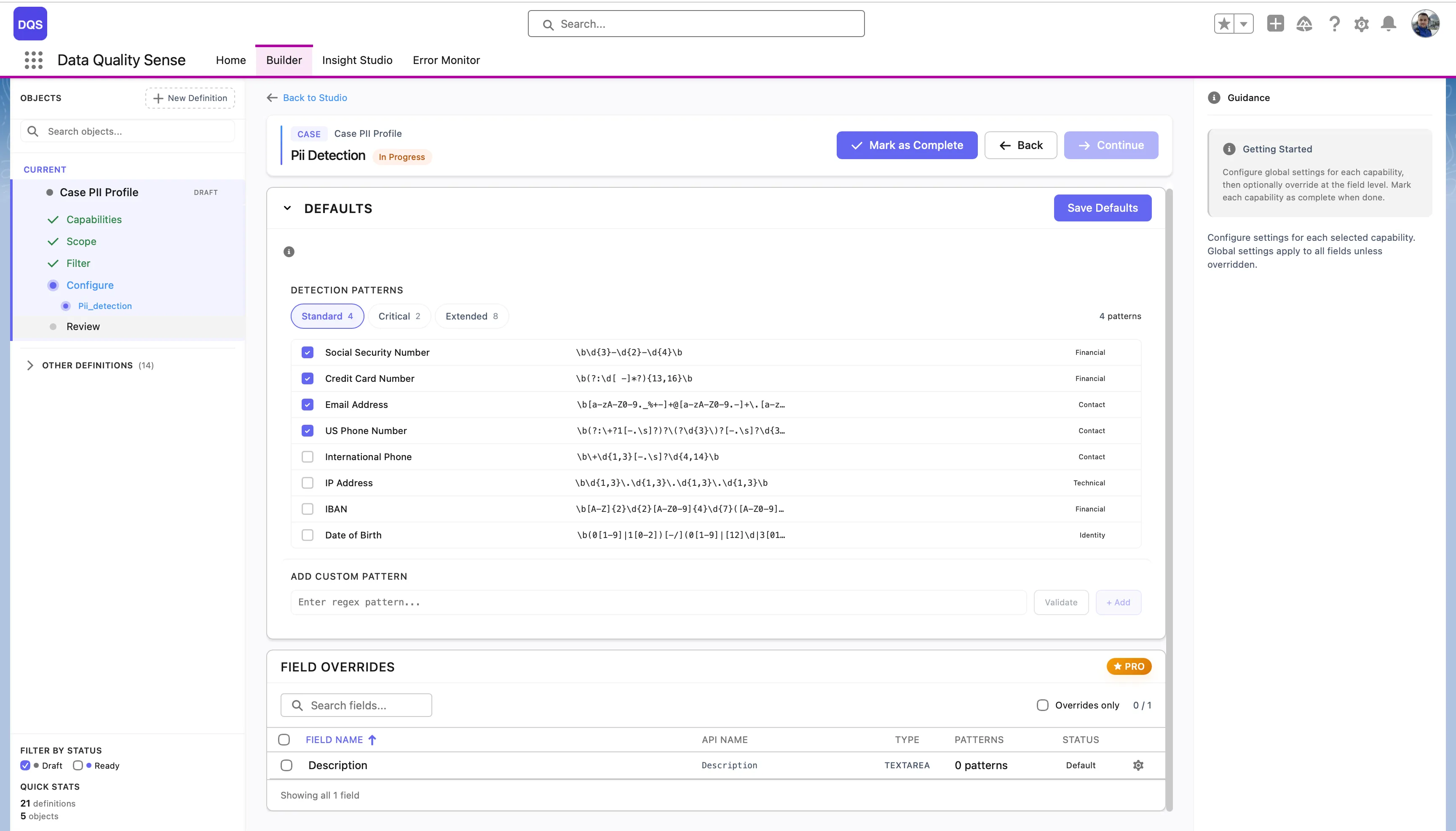 PII Detection configuration with Detection Patterns presets (Standard, Critical, Extended), pattern list, and Field Overrides