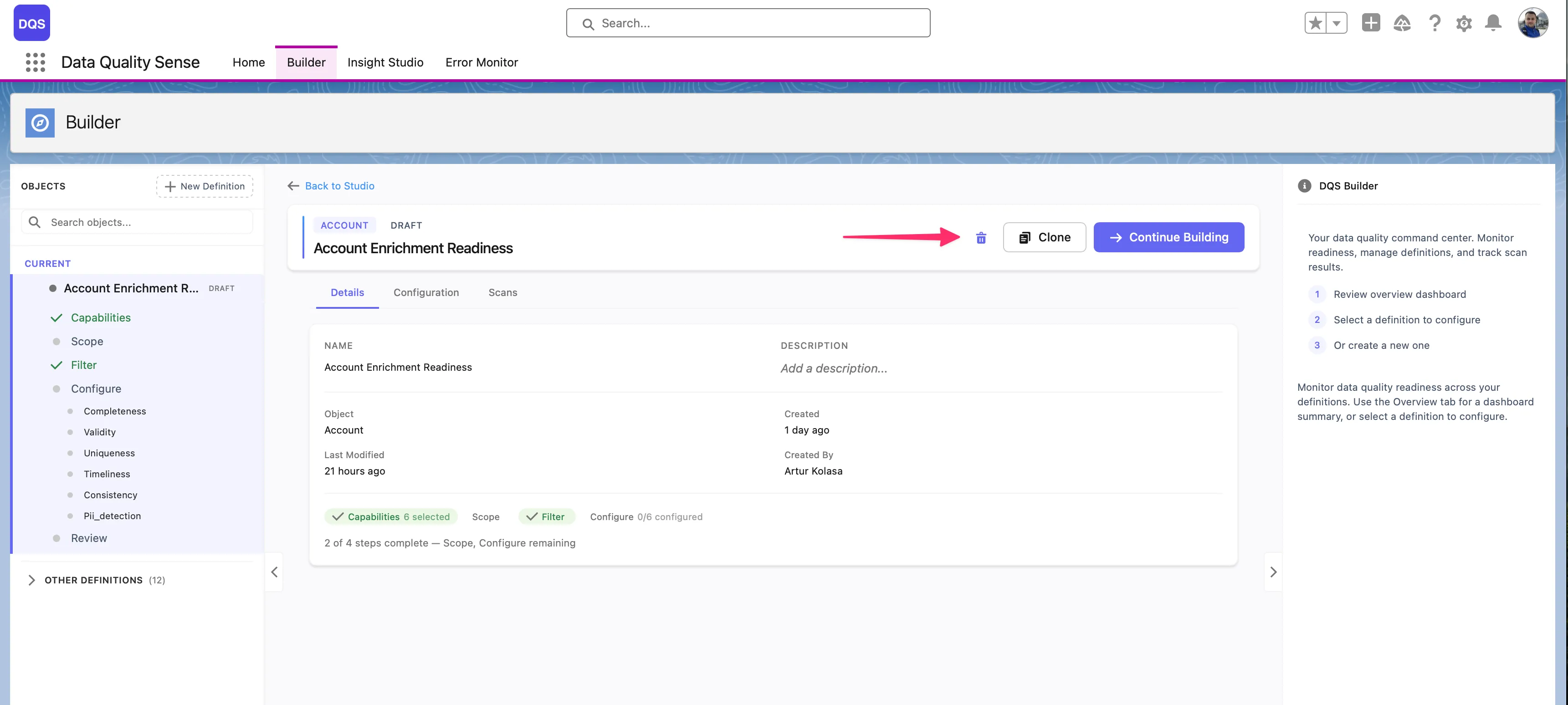Definition in Draft status — editable, not yet scannable