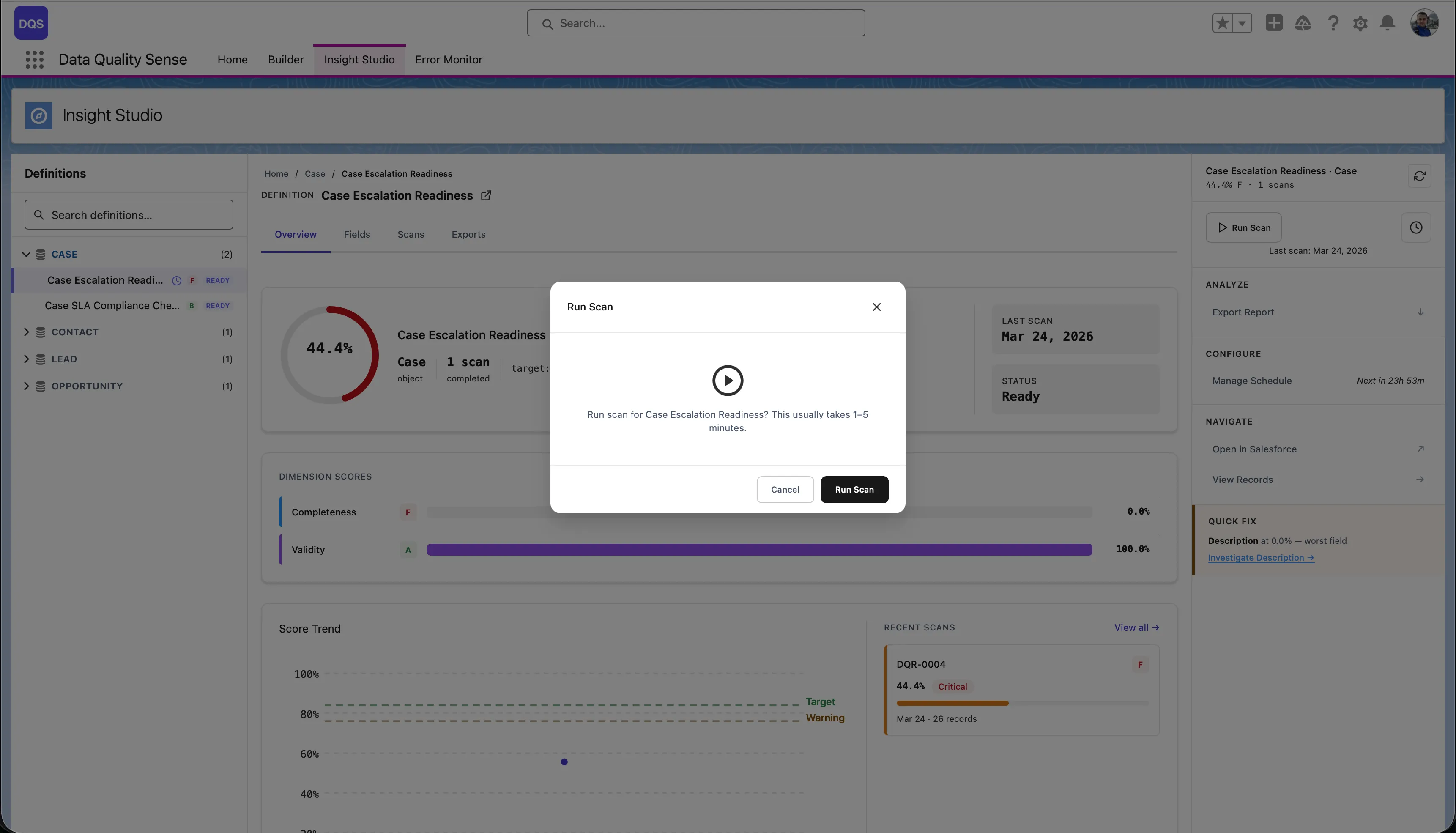 Run Scan confirmation dialog with estimated time and Run Scan button