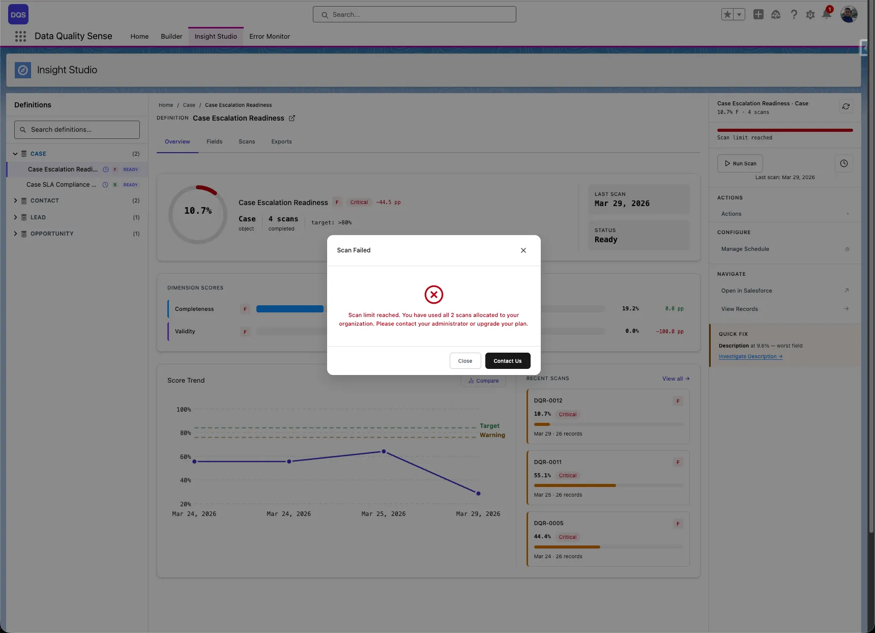 Error dialog in Insight Studio indicating that the scan limit has been reached