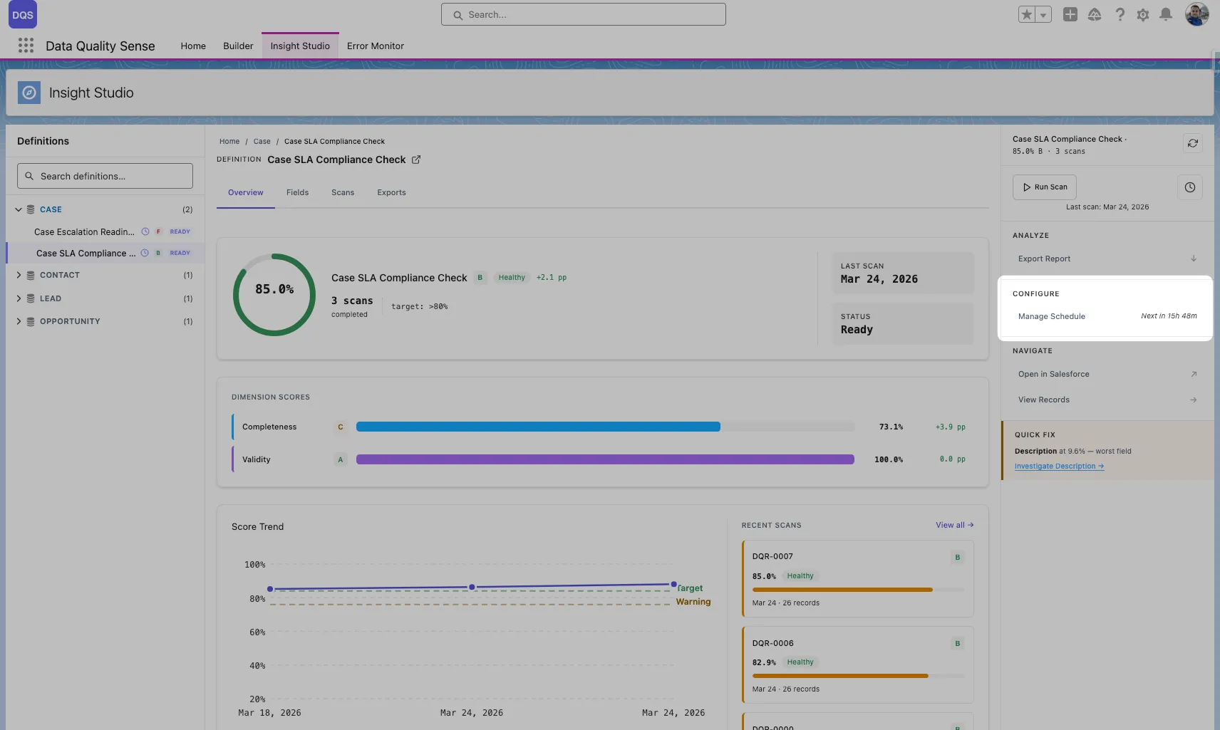 Manage Schedule option in the Insight Studio sidebar