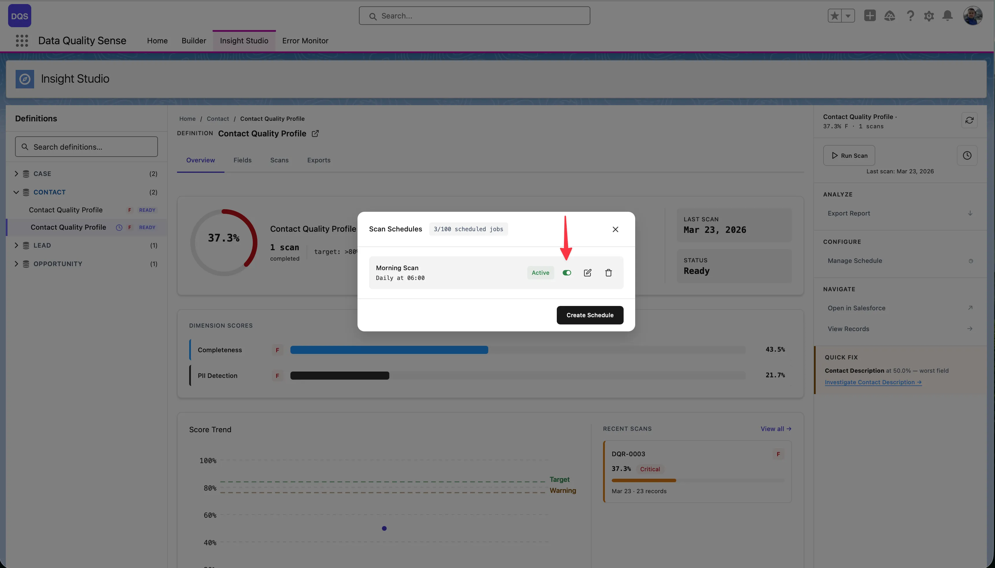Deactivate schedule — click the Active toggle