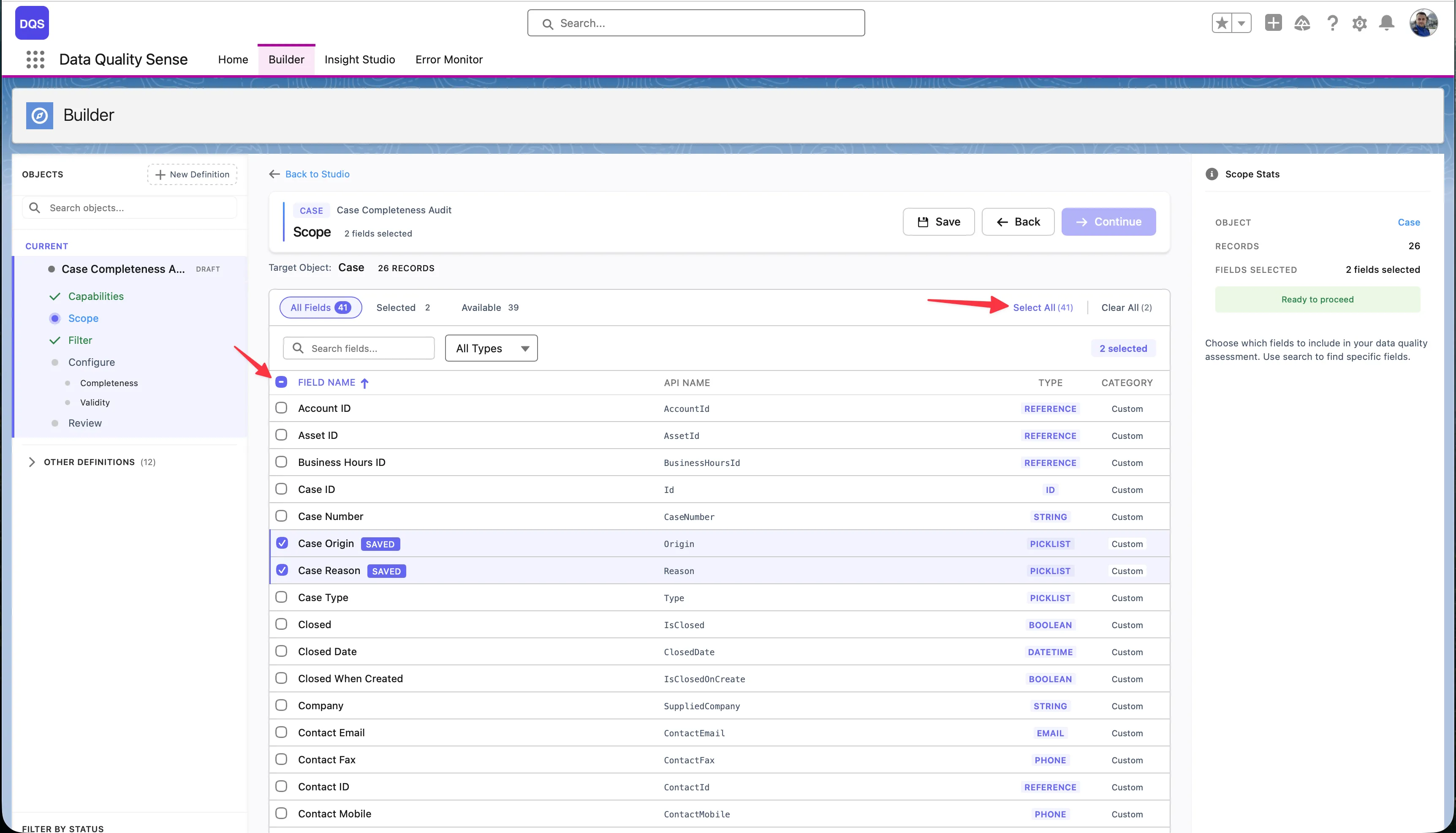 Select All link in the field picker header to bulk-select all available fields