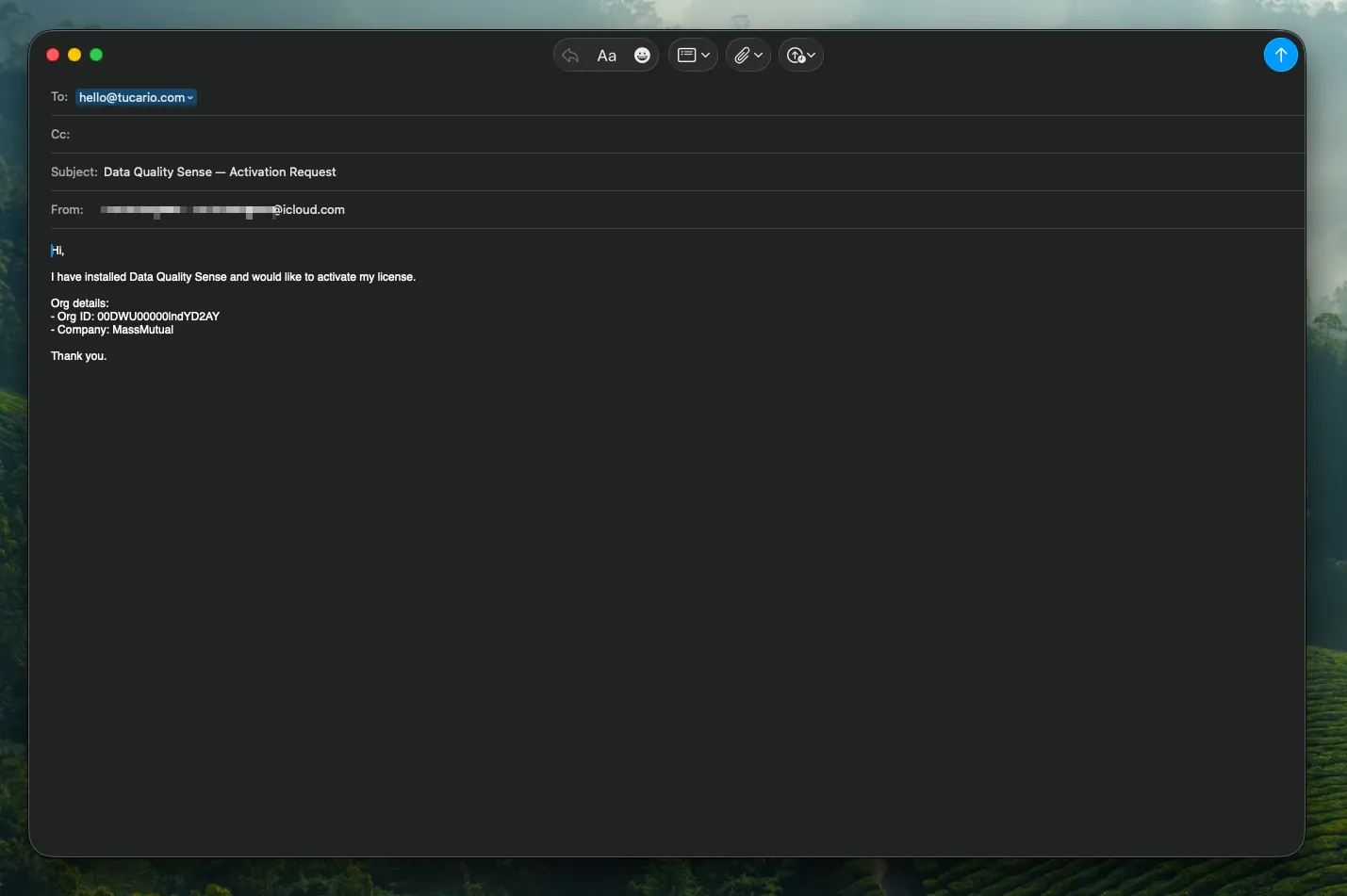 Pre-filled activation request email with Org ID