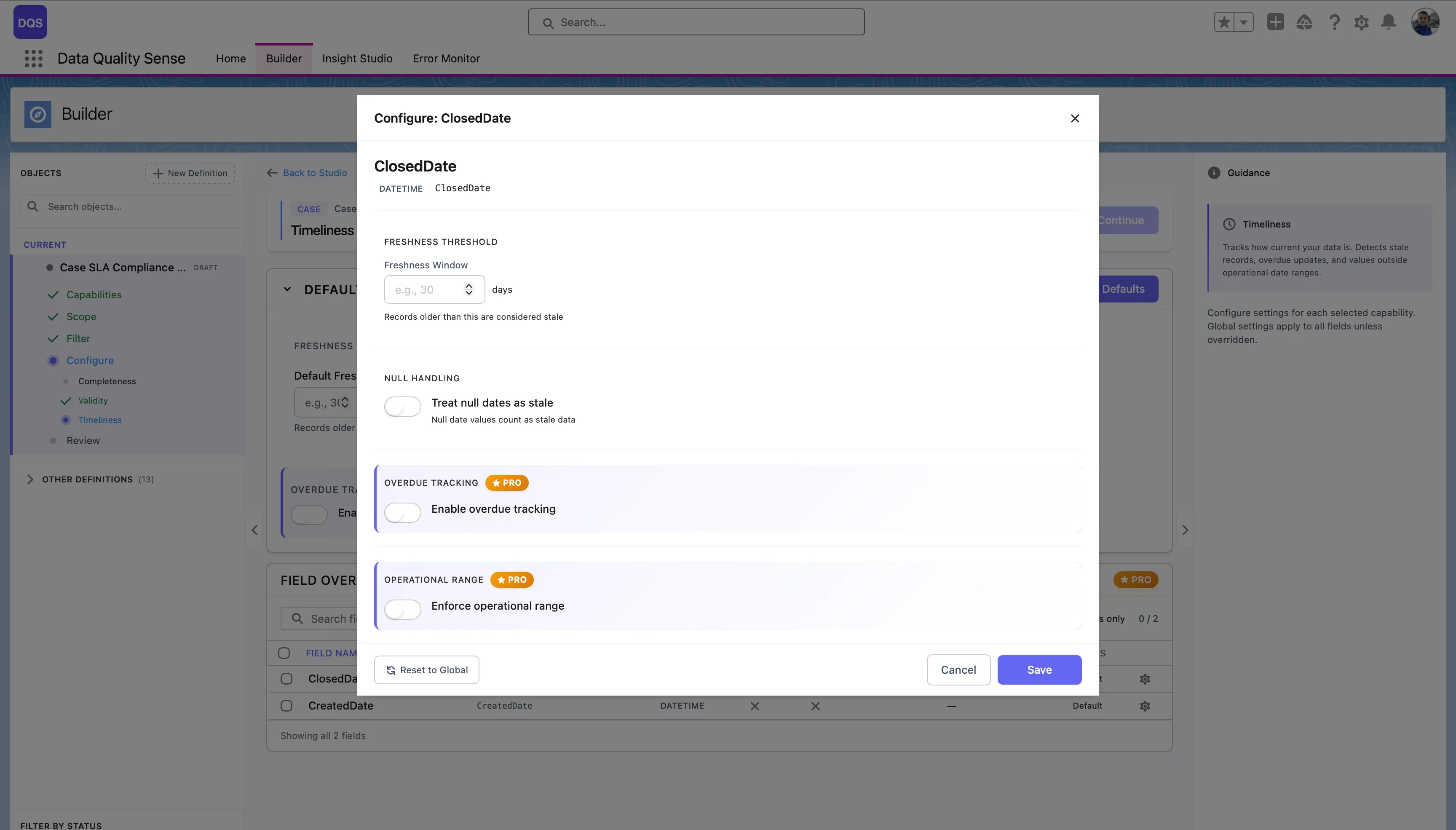 Per-field configuration modal for ClosedDate with Freshness Threshold, Null Handling, Overdue Tracking, and Operational Range