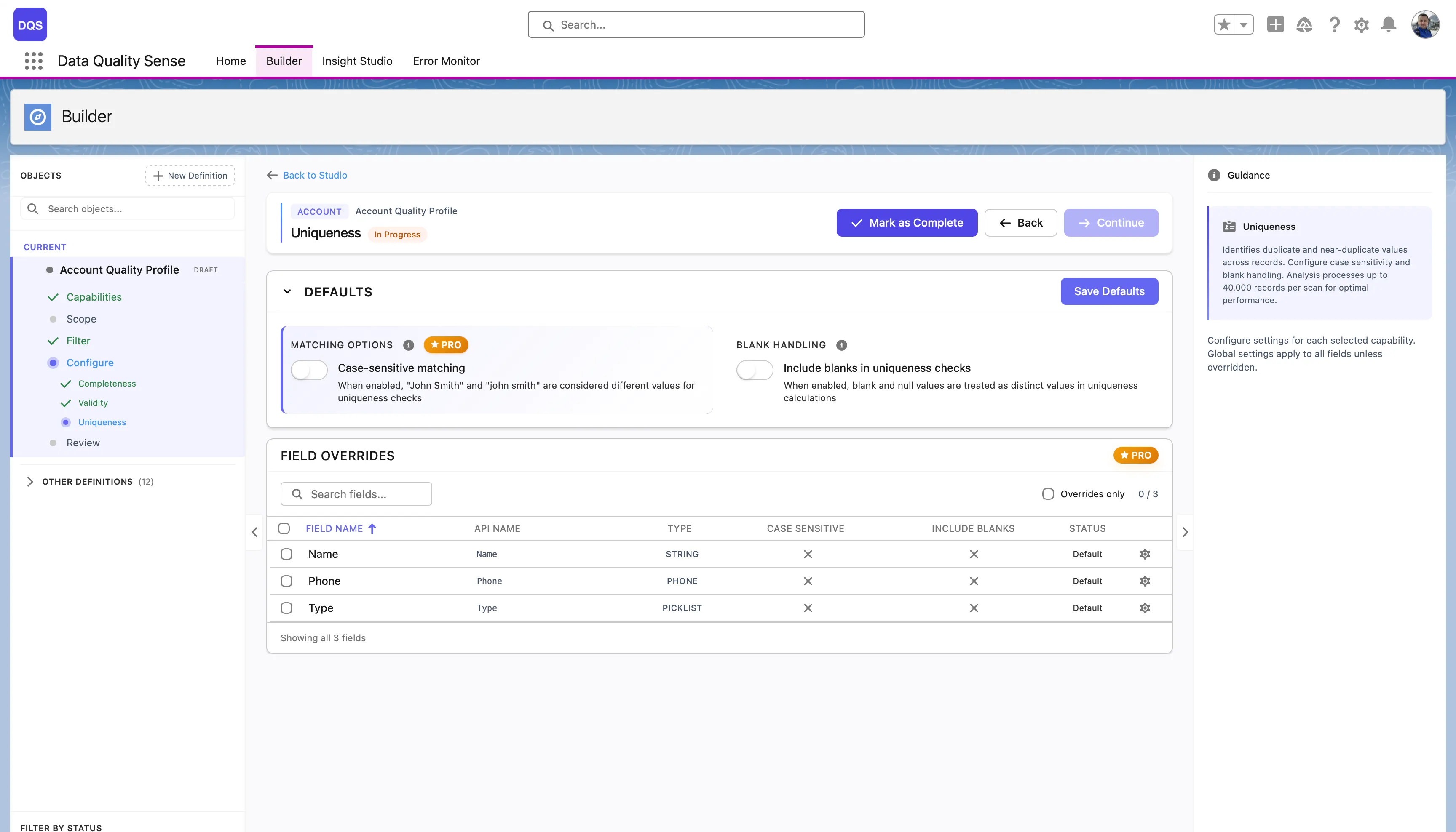 Uniqueness configuration with Defaults (Matching Options, Blank Handling) and Field Overrides table