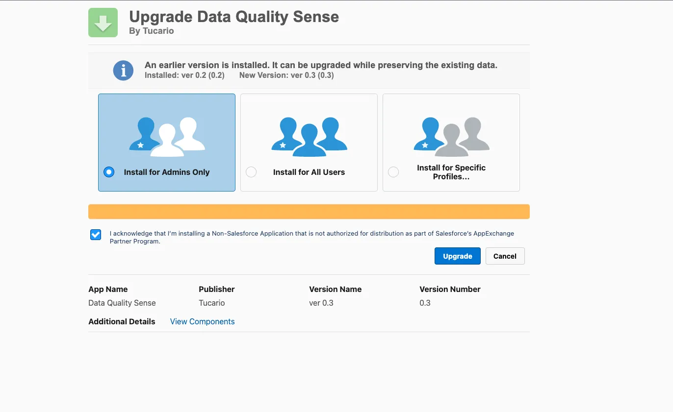 Upgrade Data Quality Sense — Salesforce detects the existing package and offers an upgrade path